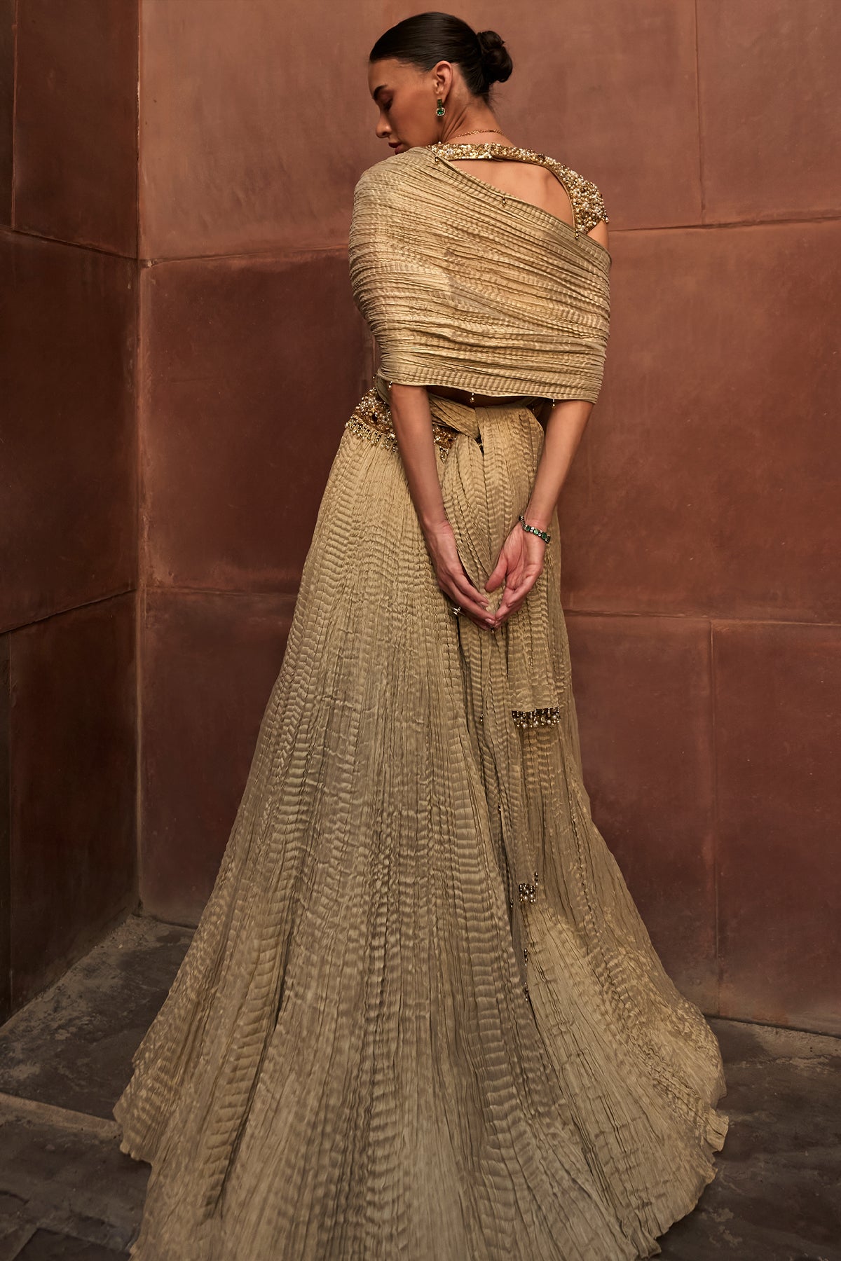 GOLDEN TISSUE CRUSH LEHENGA SET