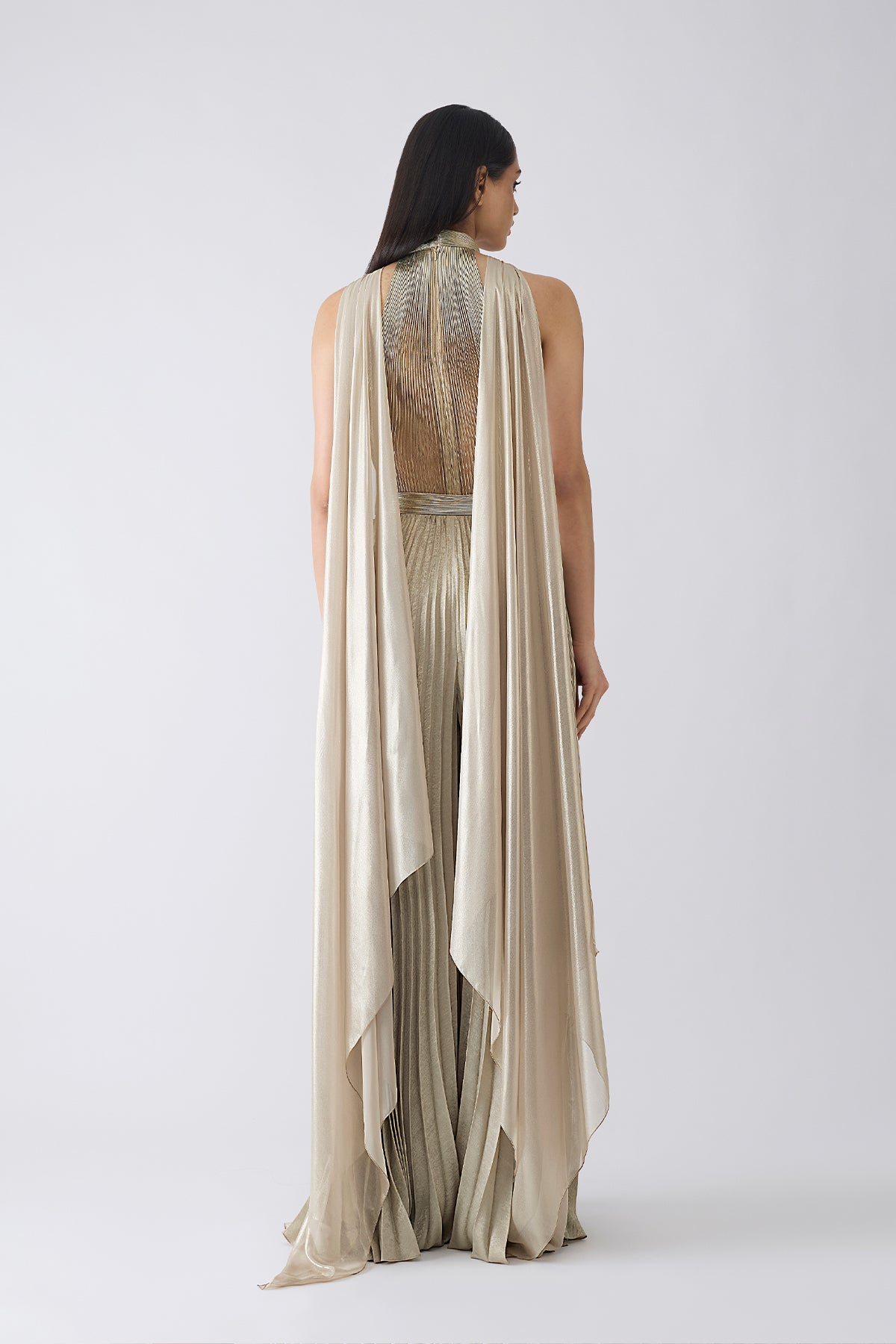 Corded Bodysuit With Pants And Drape On Both Shoulder