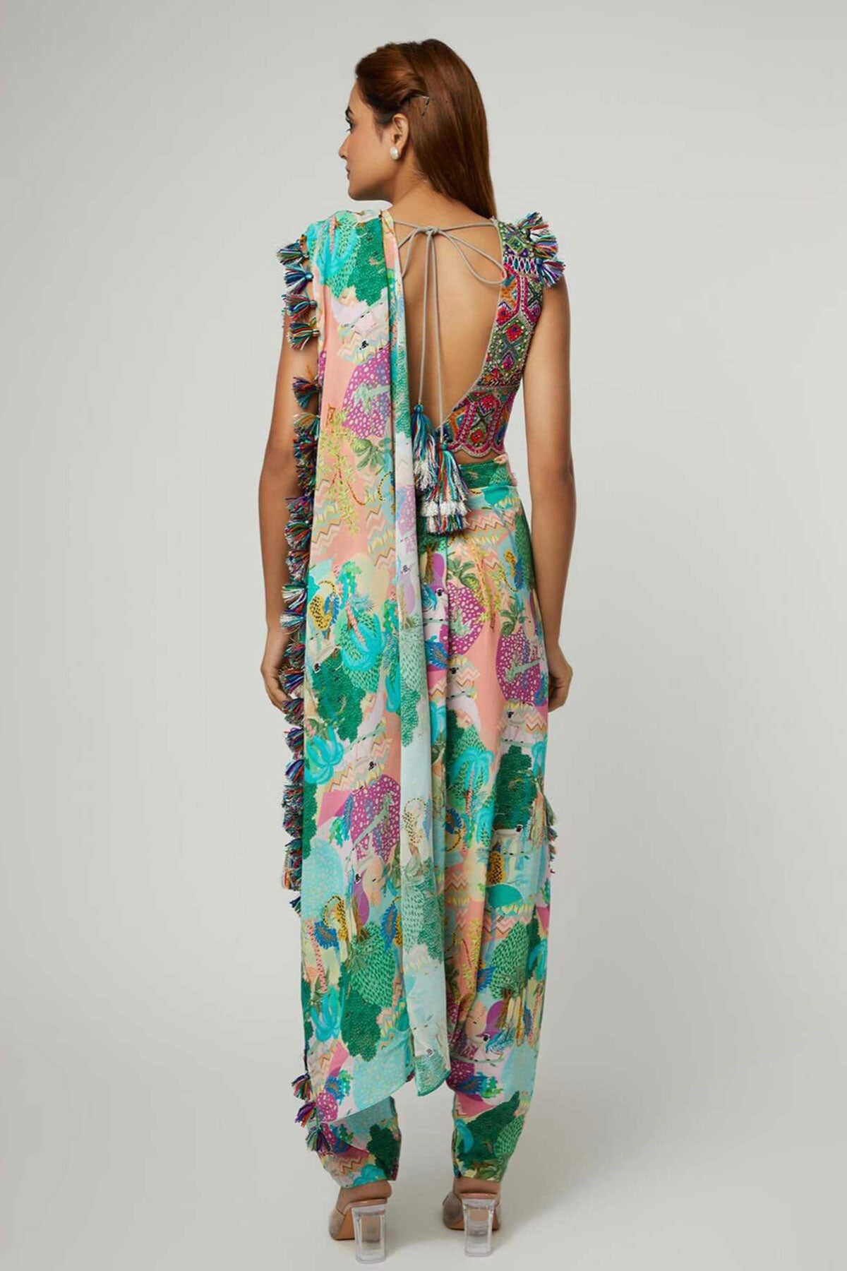 Multi Color Crepe Printed Forest V-neck Pre-draped Pant Saree With Blouse