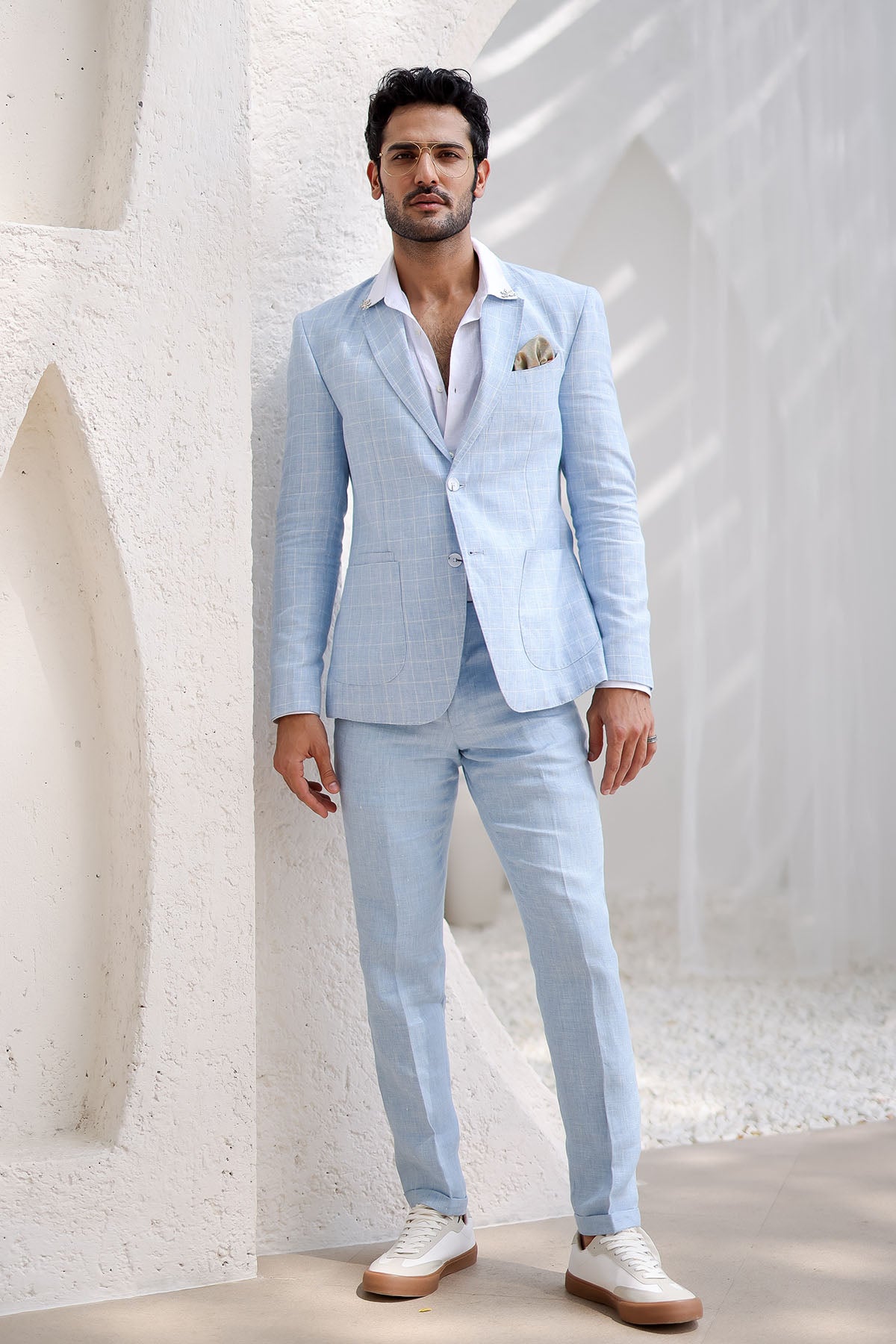 Powder Blue Windowpane Check Blazer Set