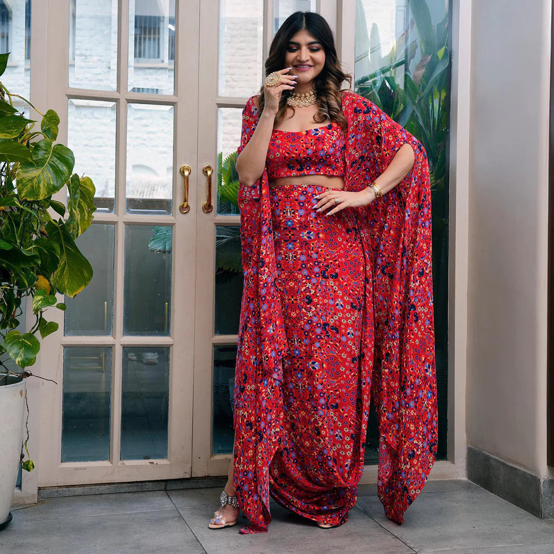 RED JAAL PRINT DRAPE SKIRT WITH ARYA BUSTIER AND CAPE