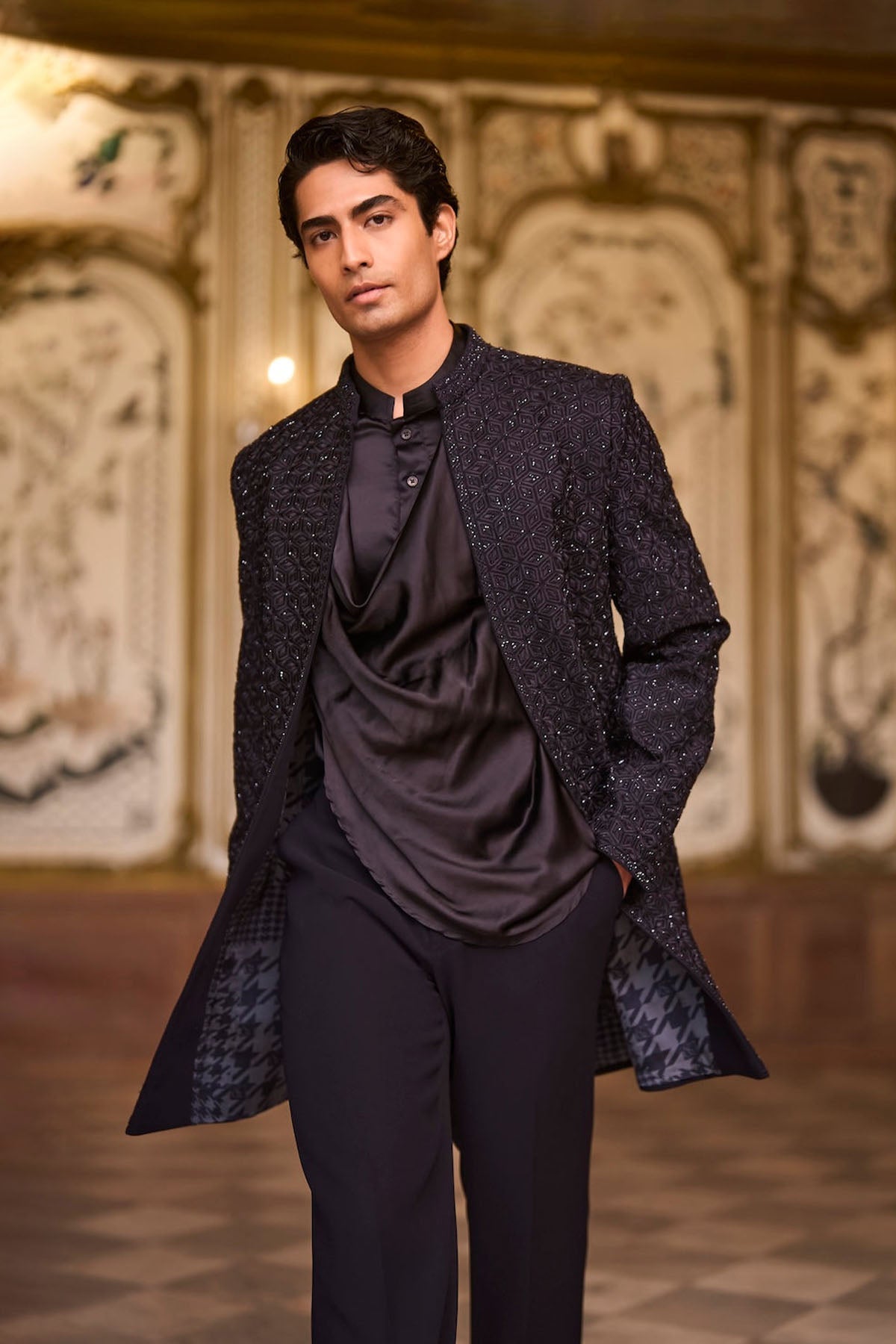Navy Open Sherwani Set