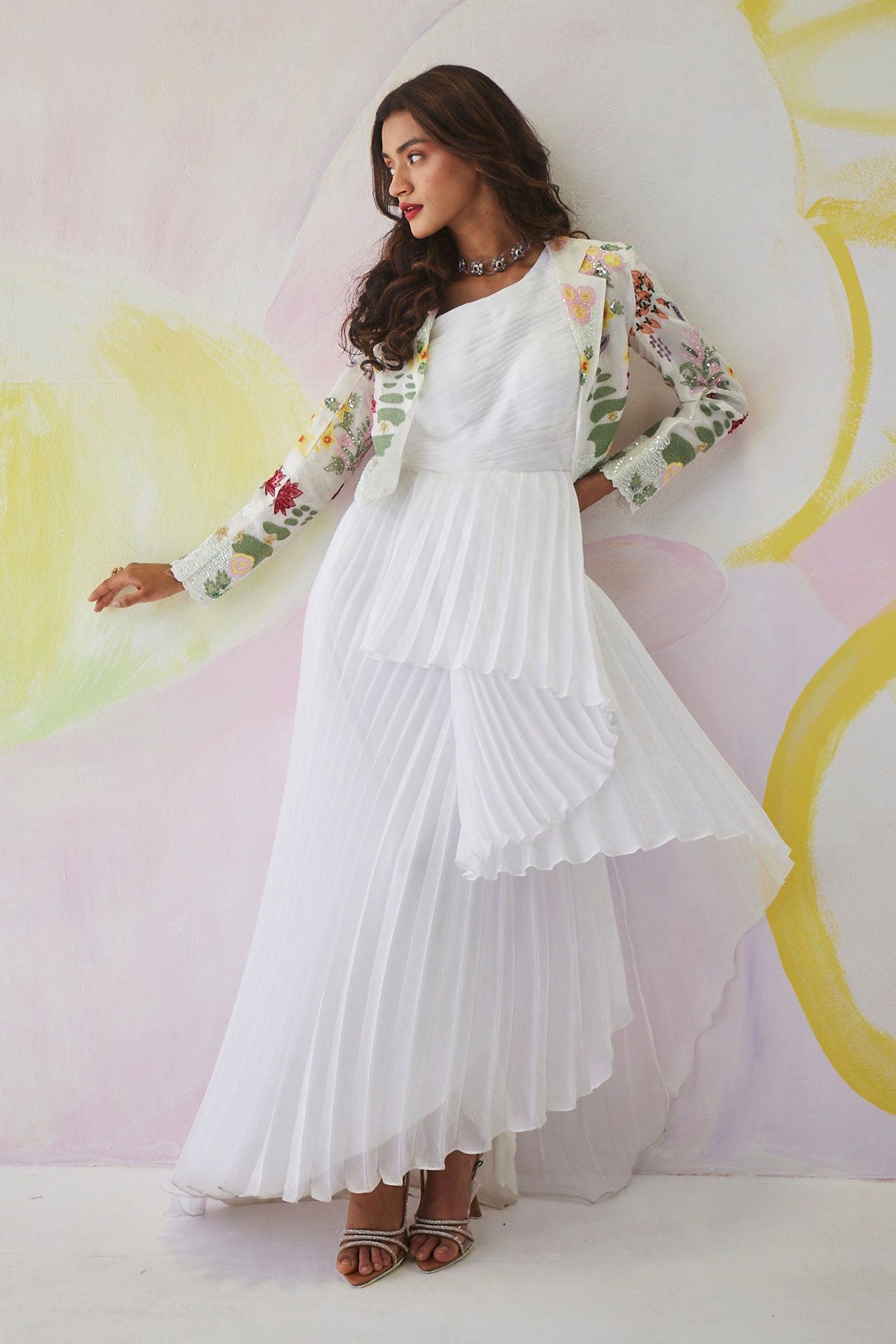 Rosewater Drift Handpainted Asymmetrical Gown with Crop Jacket