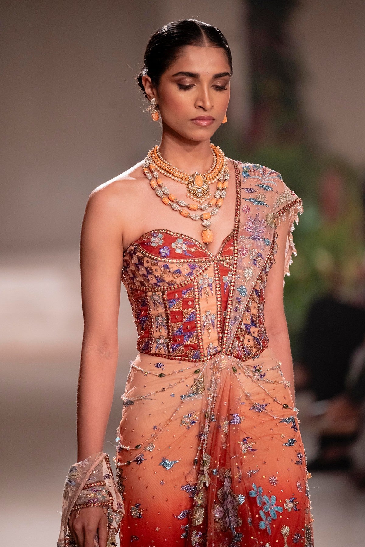 Whimrose - cantaloupe rust tulle drape saree