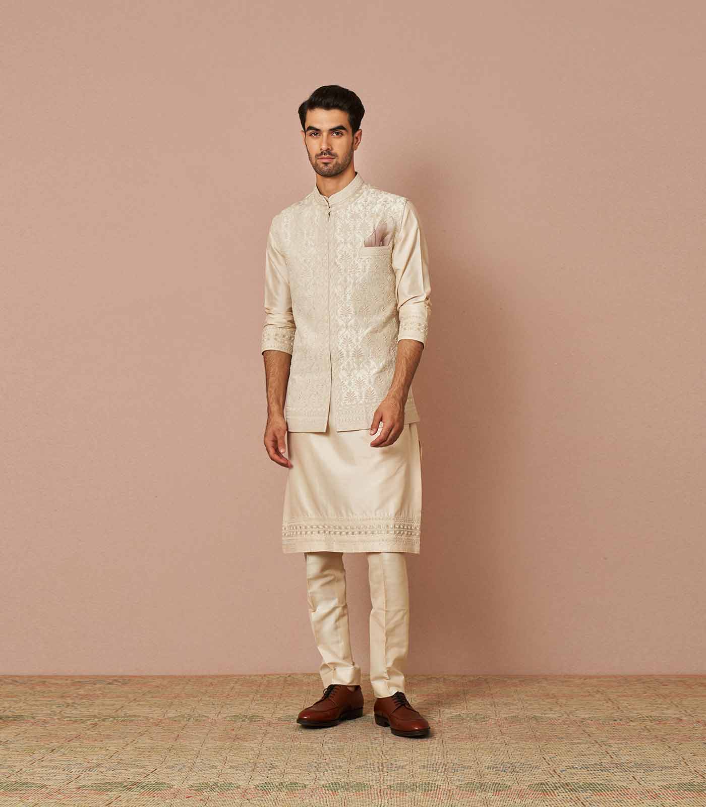 IVORY RAWSILK ARMAAN PEARL EMBROIDERED BANDI SET