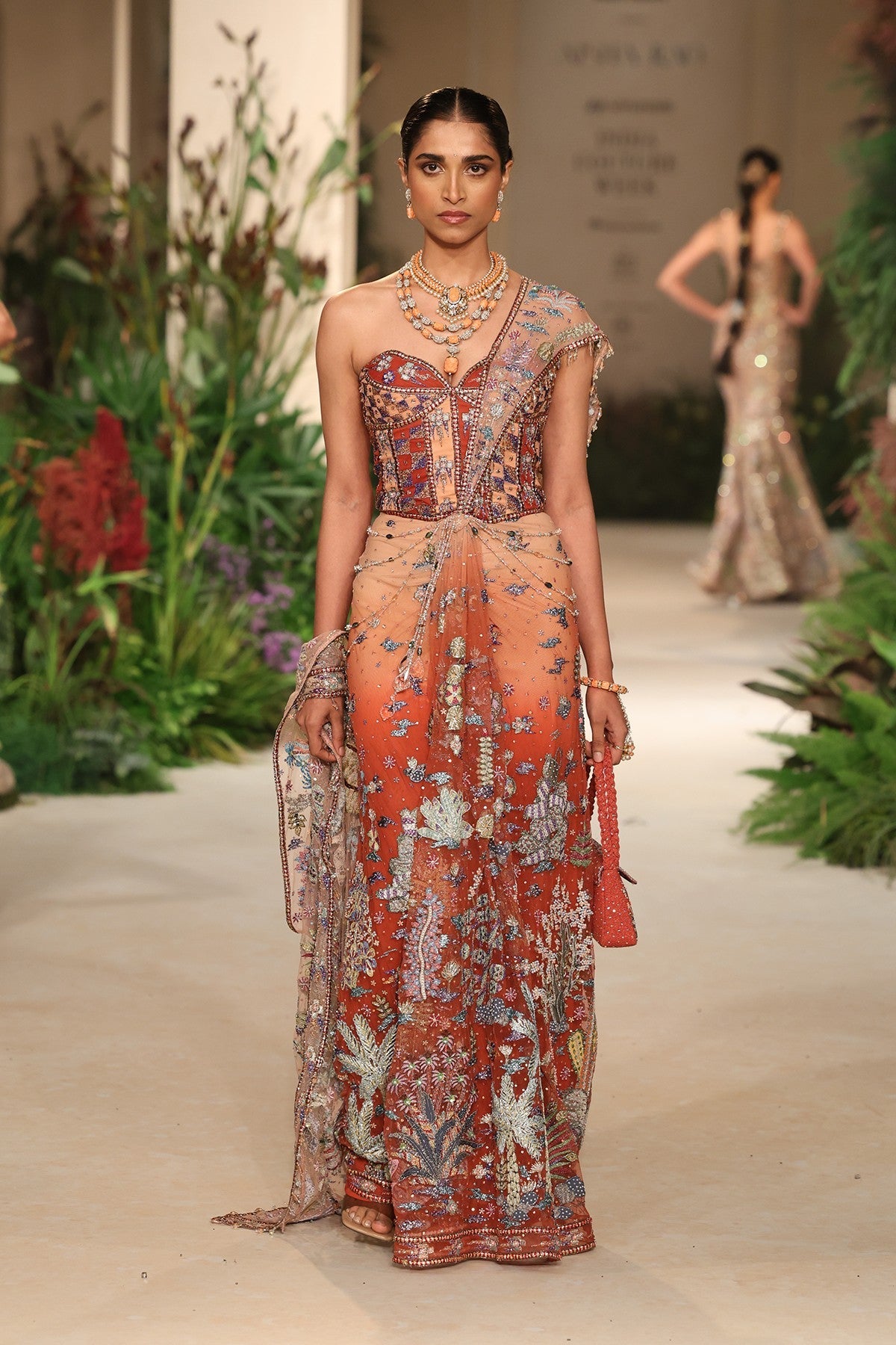 Whimrose - cantaloupe rust tulle drape saree