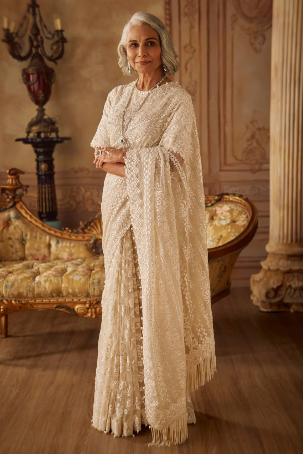 Ivory Organza Stripe Saree