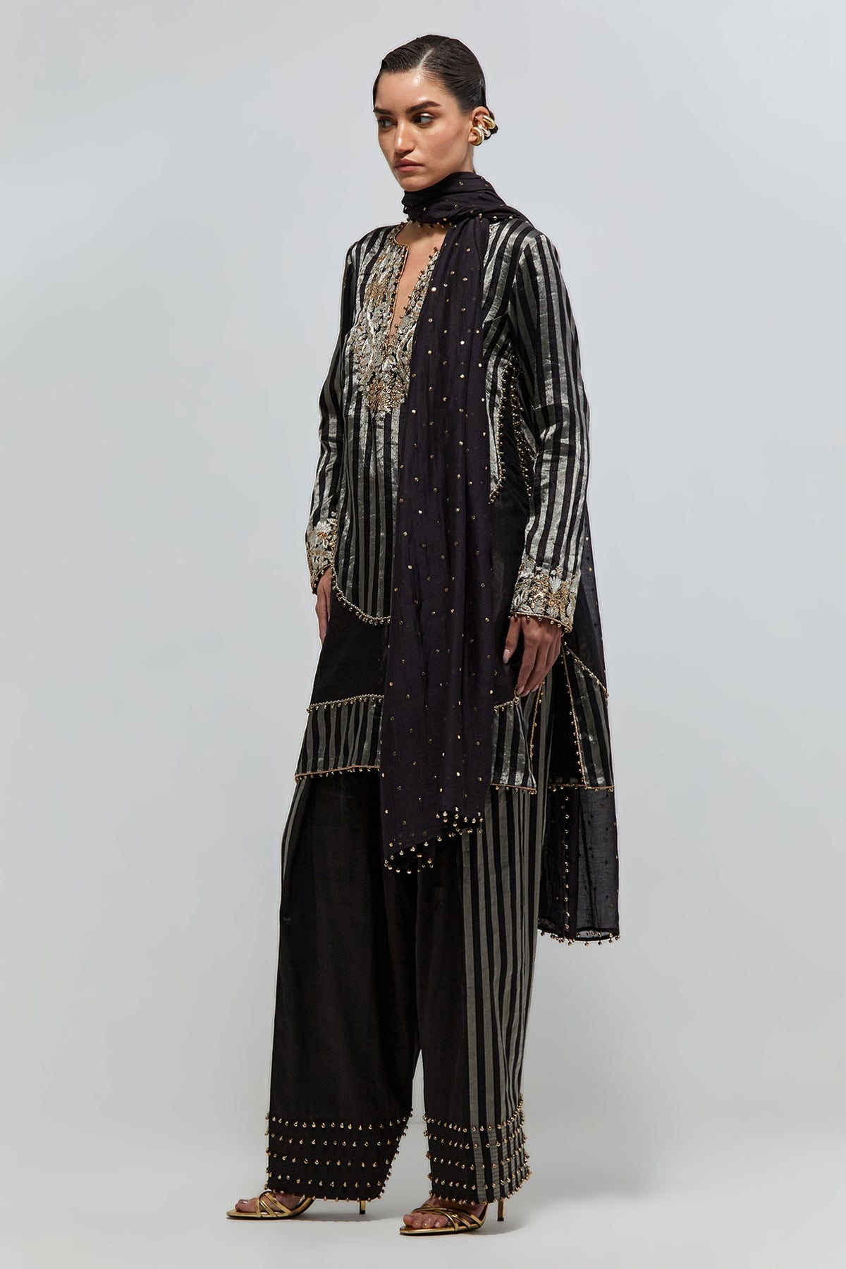 Nysa Black Stripe Tissue Embroidered Kurta With Farshi Salwar And Mukaish Silkmul Dupatta