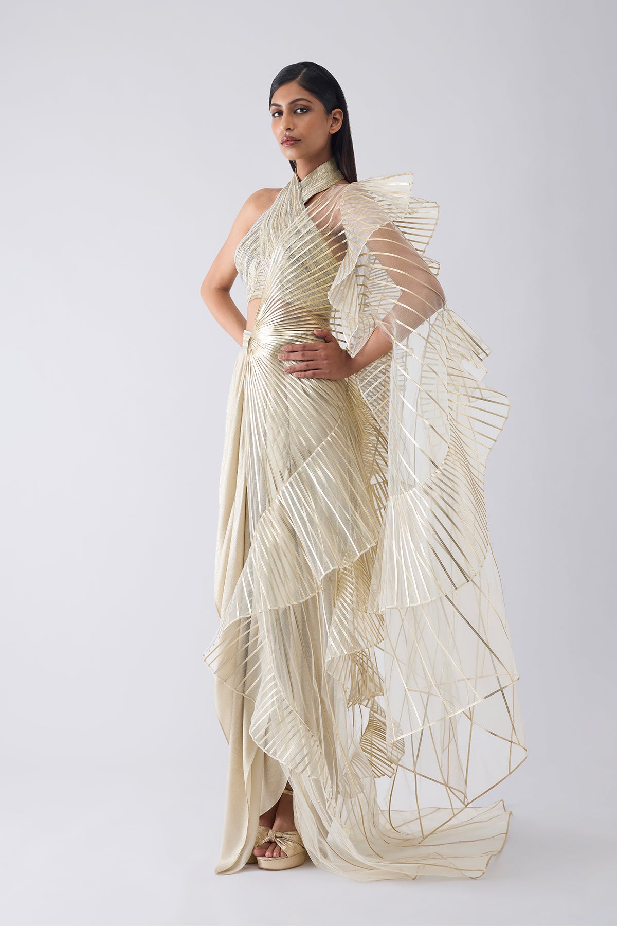 Metallic Winged Ruffle Saree With Ruffle
