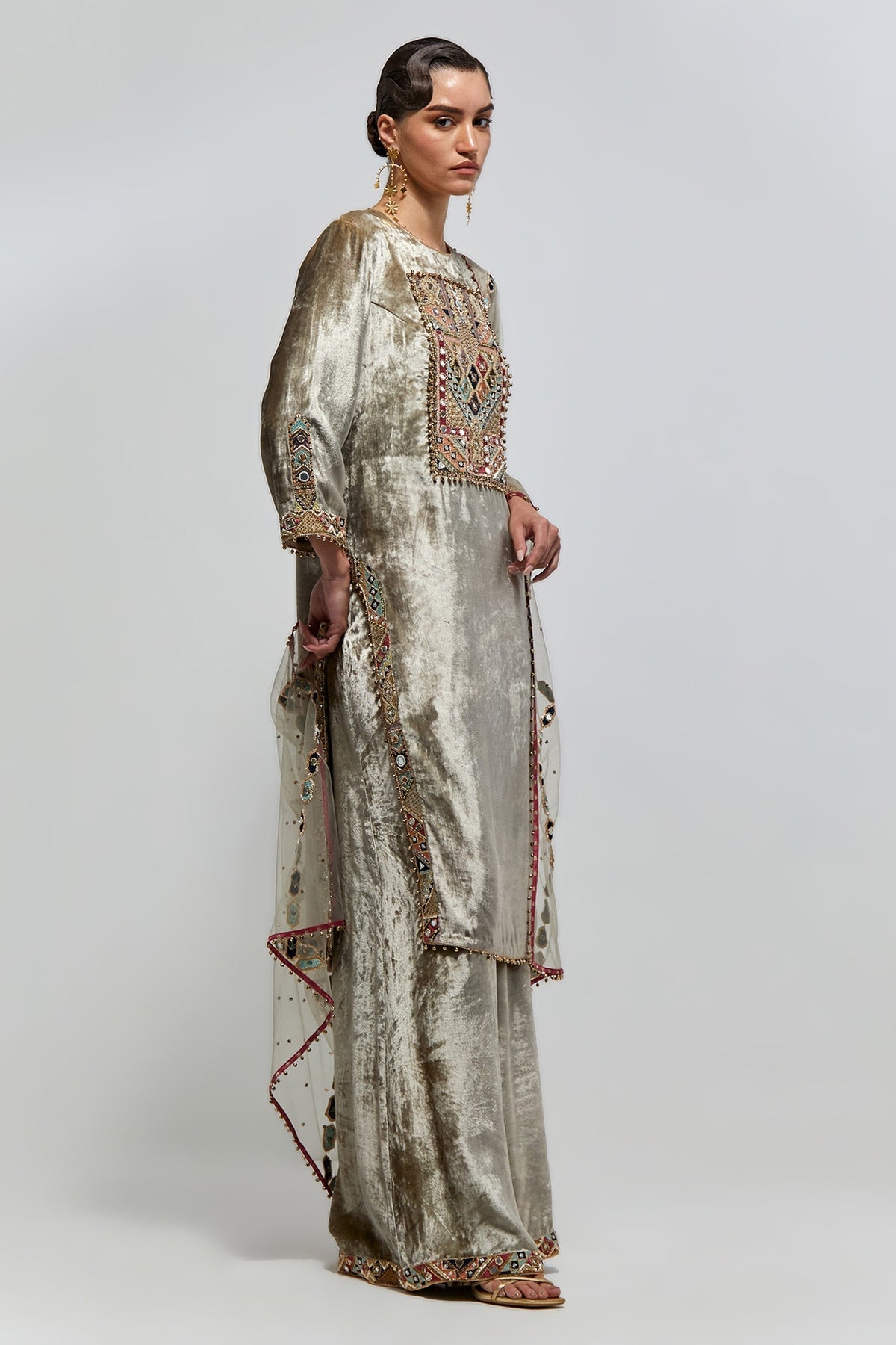 Amira Grey Velvet Embroidered Yoke Kurta With Palazzo And Mukaish Net Dupatta