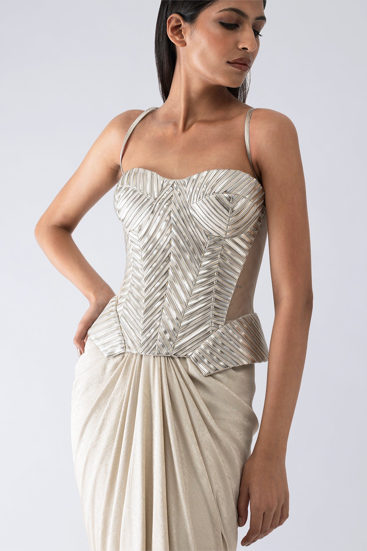 Metallic Structured Corset , Skirt And Drape