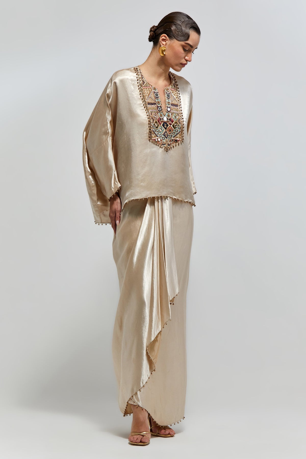 Risa Champagne Satin Embroidered Yoke Top And Lungi Skirt