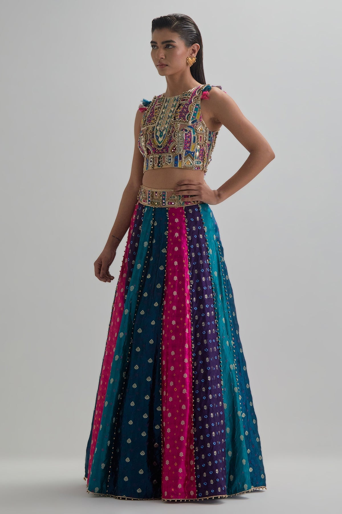 Resa Gold Tissue Embroidered Choli And Multi Colour Bandhani Lehengha