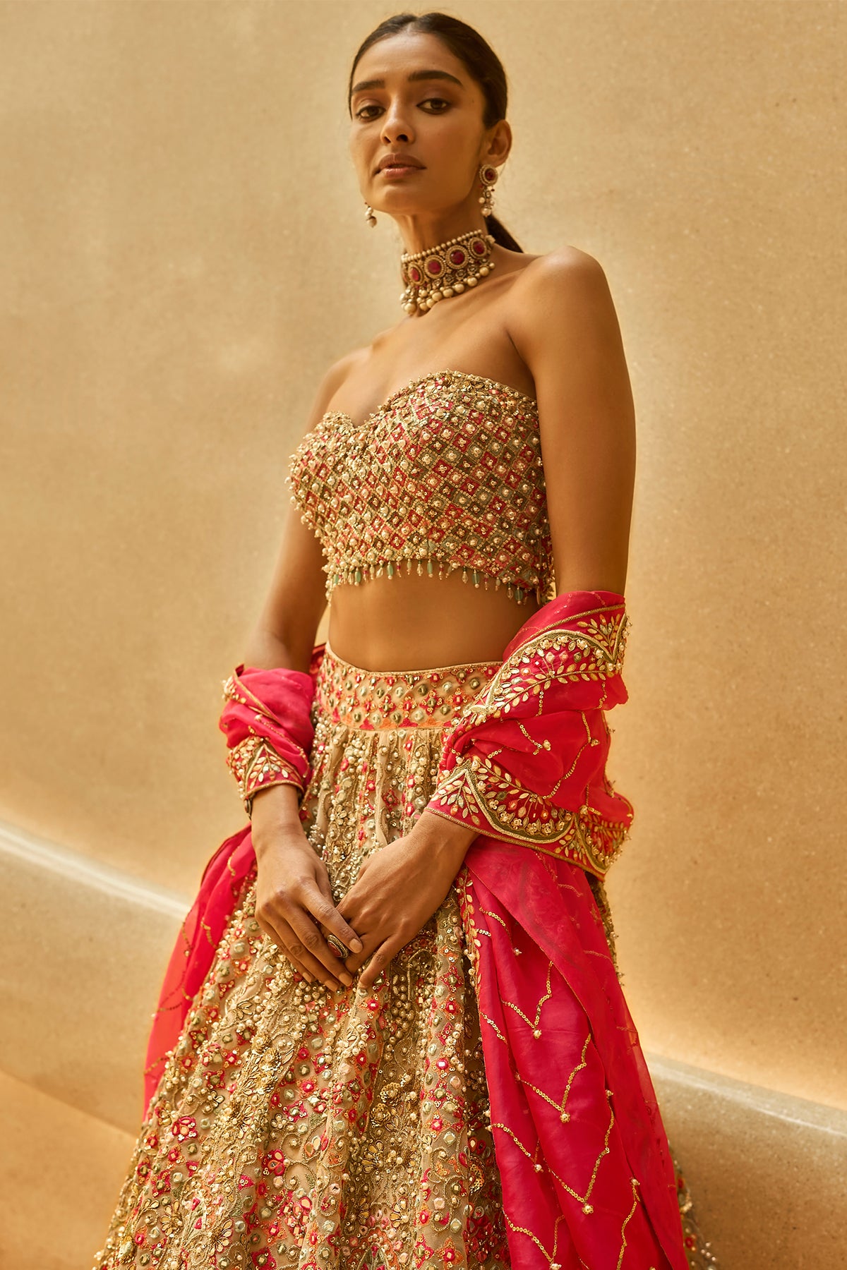 NUDE AND FUSCIA LEHENGA SET
