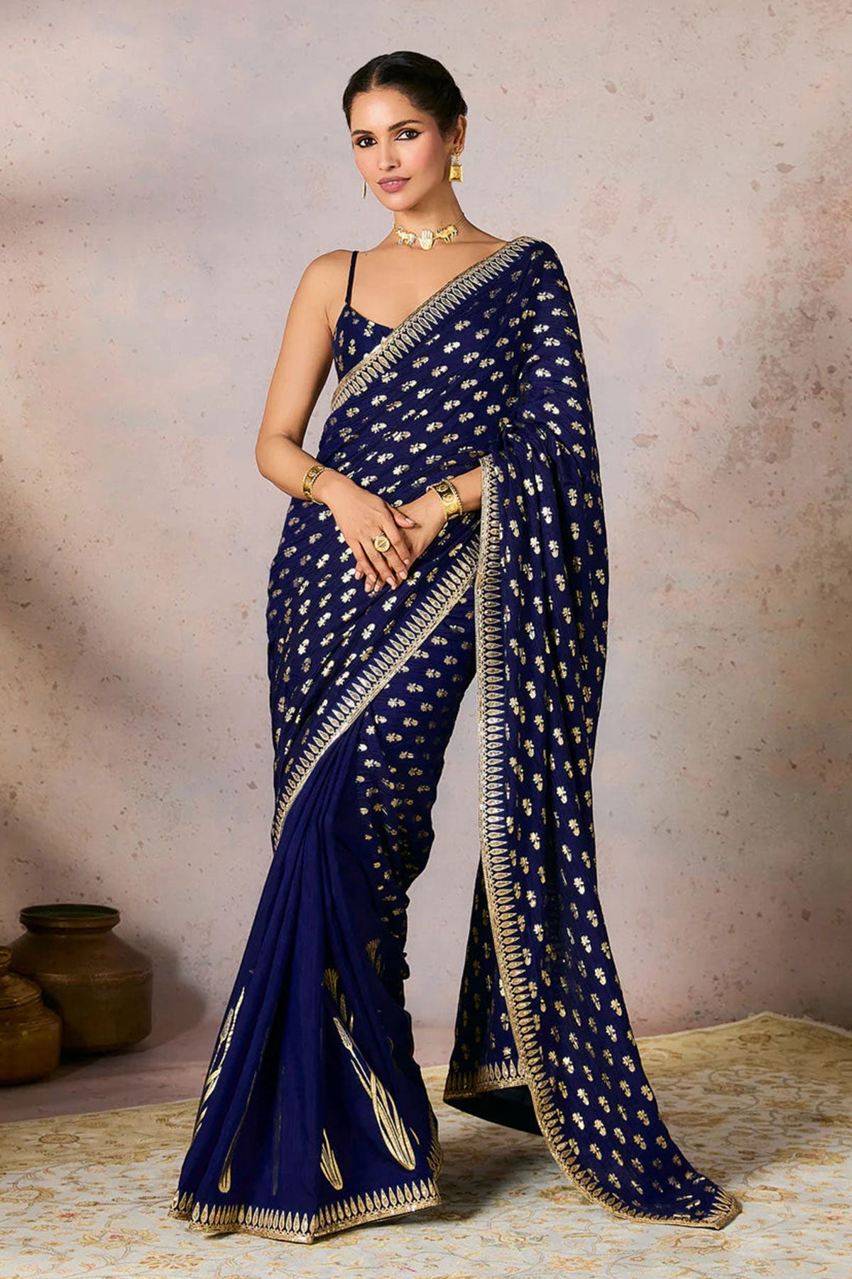 Blue Whispering Lily Crush Saree w/Blouse - Ready To Ship
