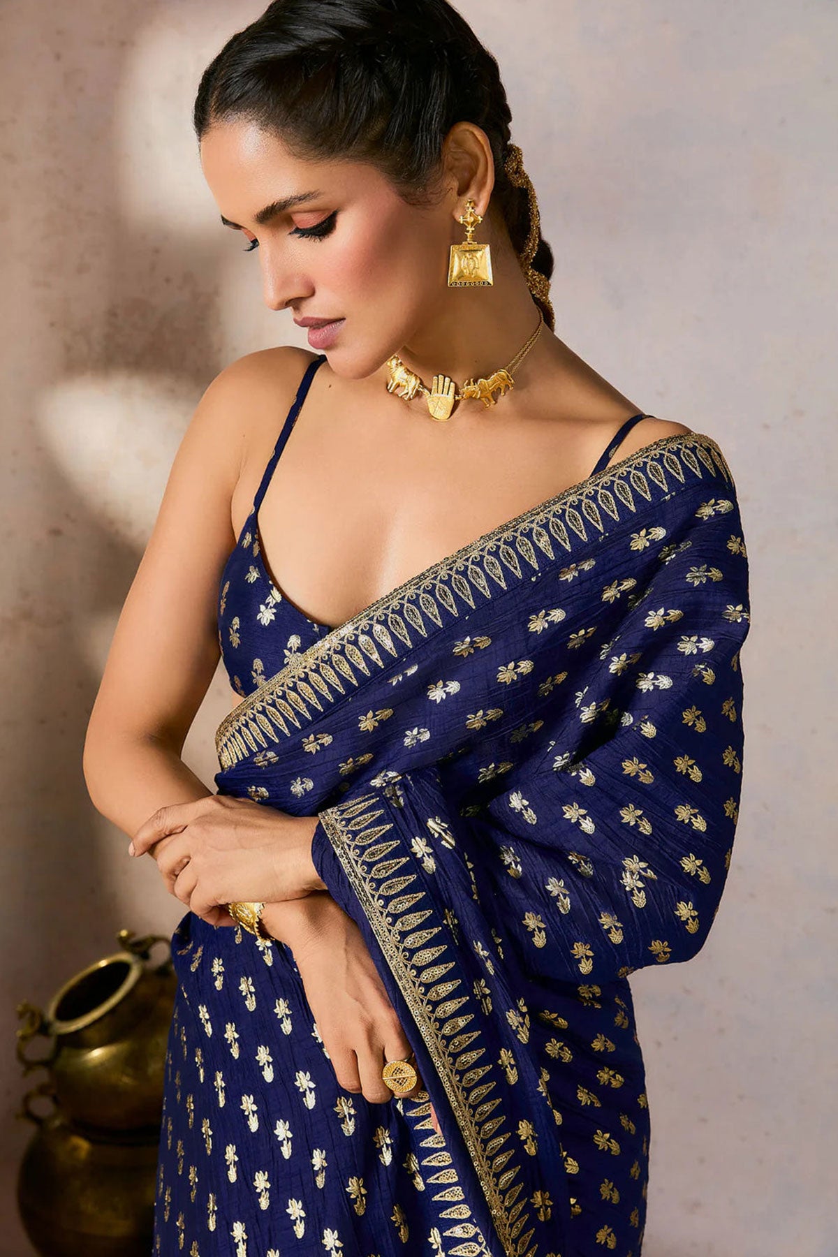 Blue Whispering Lily Crush Saree w/Blouse - Ready To Ship