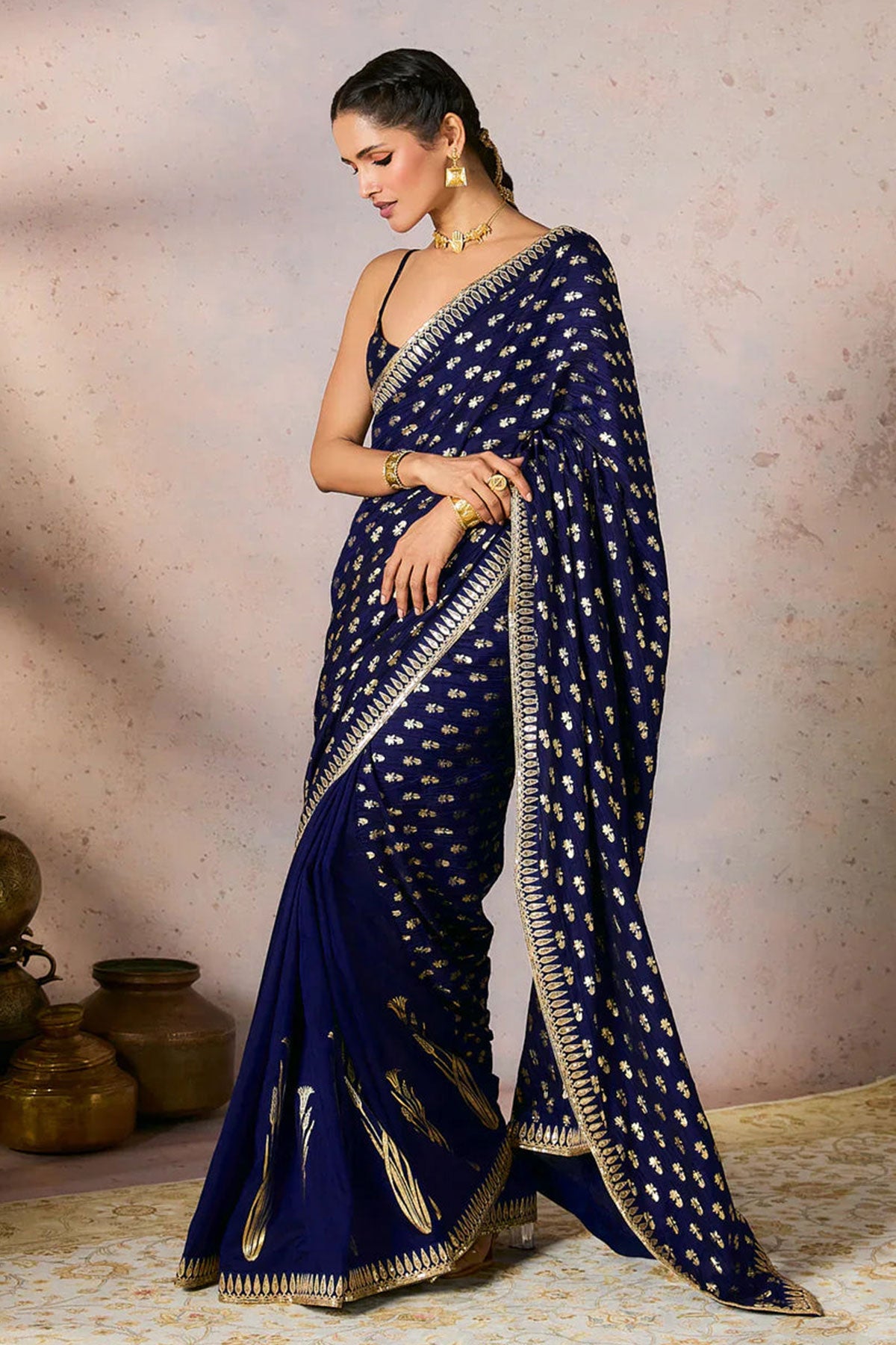 Blue Whispering Lily Crush Saree w/Blouse - Ready To Ship