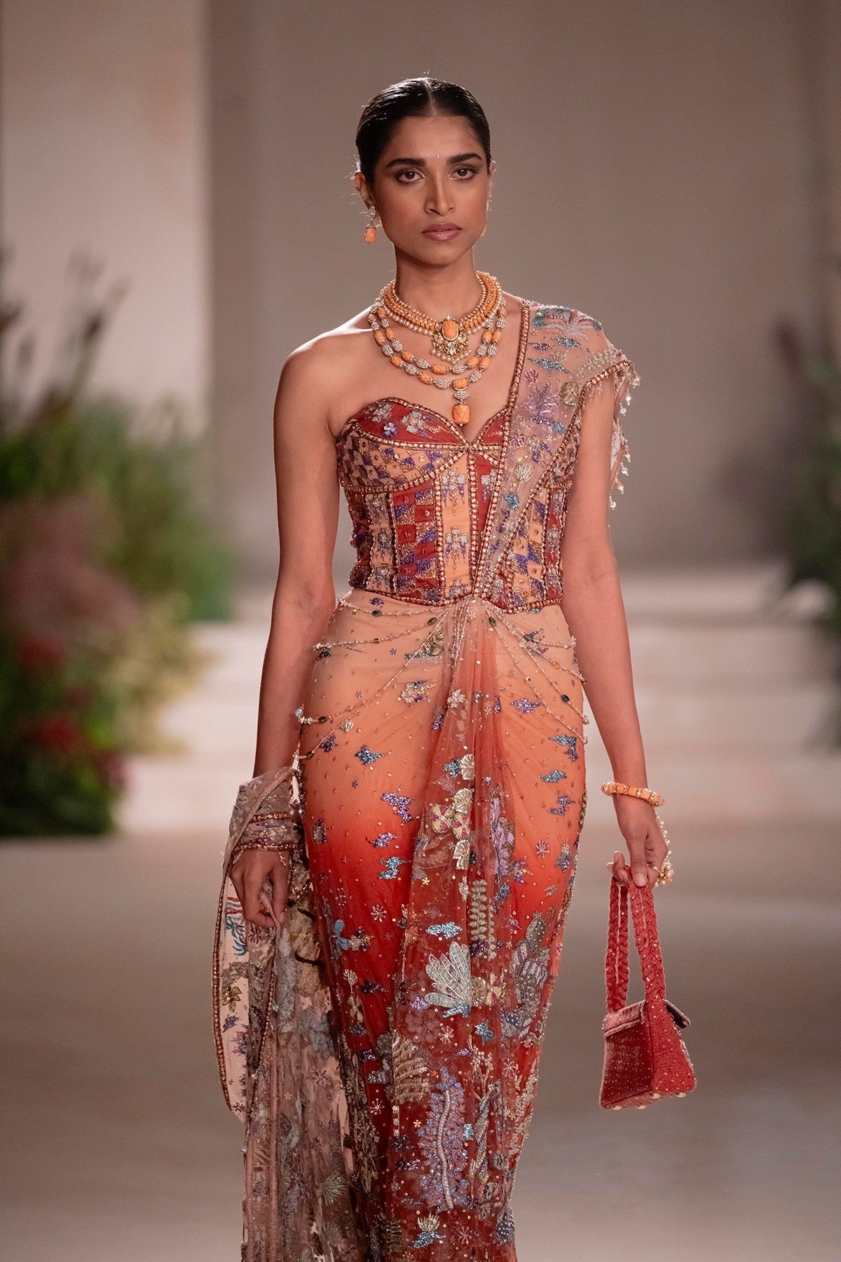 Whimrose - cantaloupe rust tulle drape saree