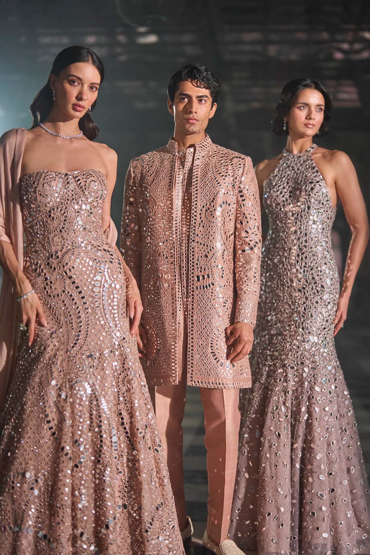 Rose Gold Mirror Work Sherwani Set