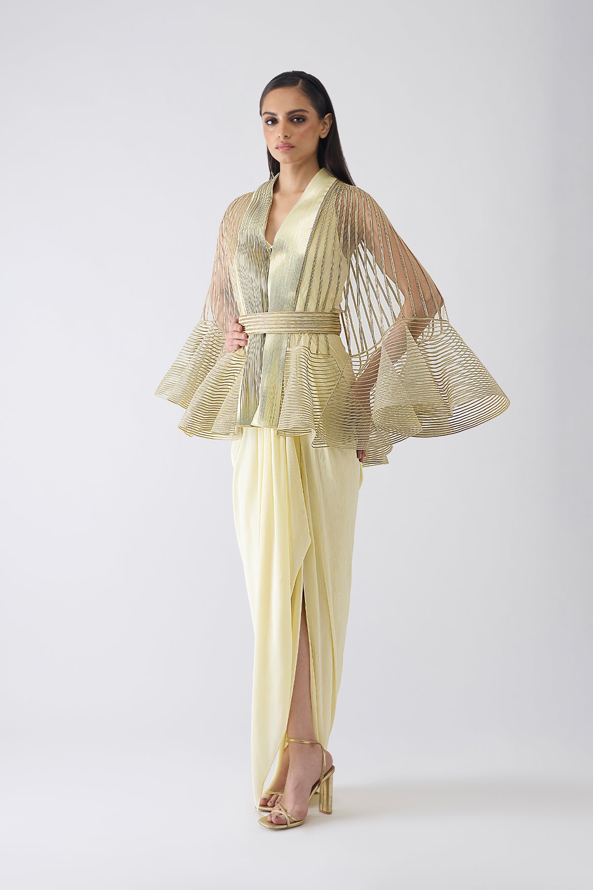 Metallic Corded Ruffle Cape And Dress With Belt