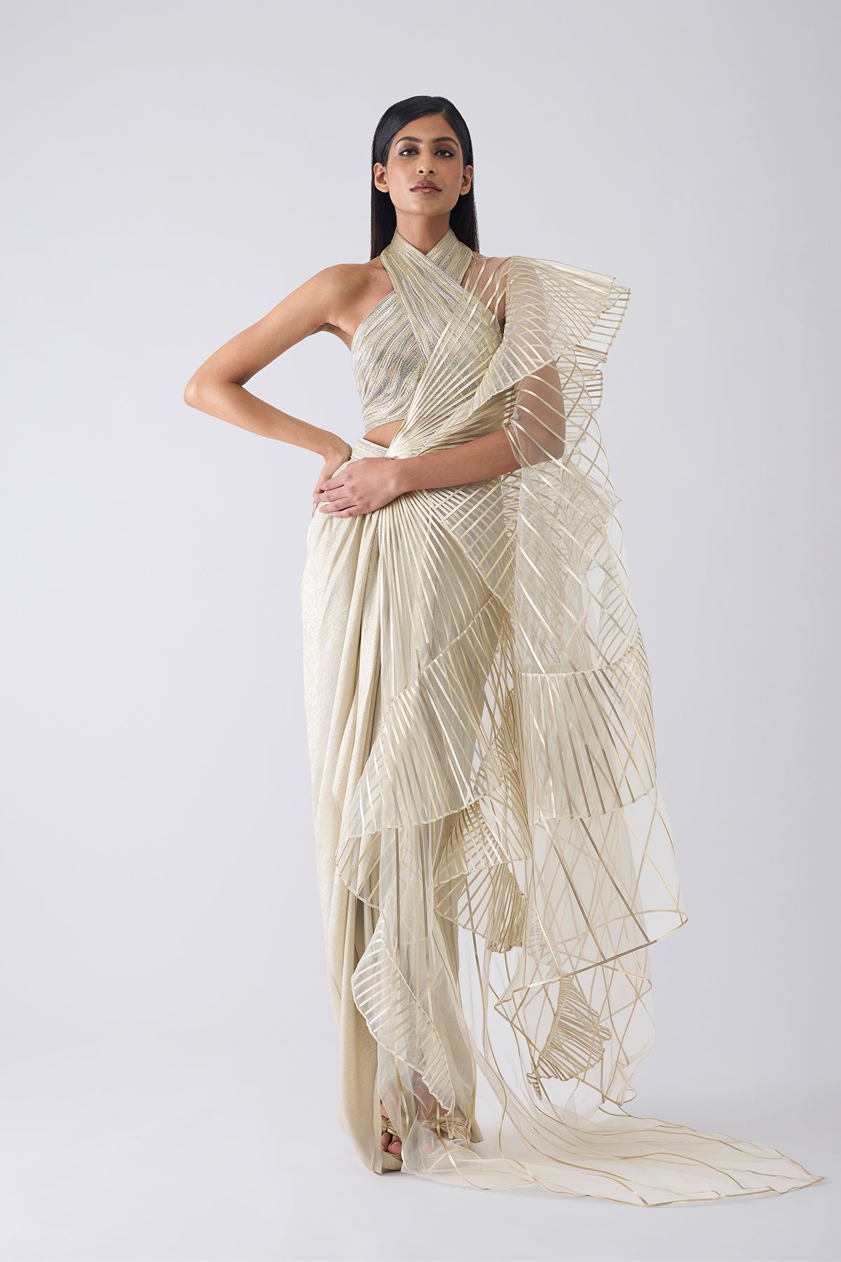 Metallic Winged Ruffle Saree With Ruffle