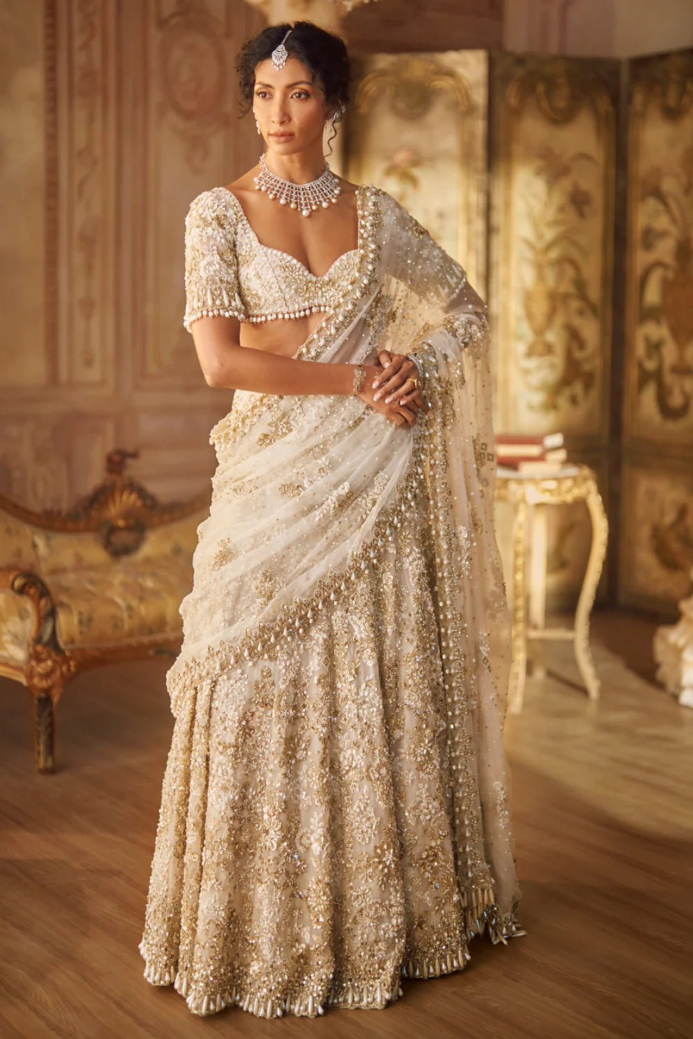 Ivory Gold Lehenga Saree Set