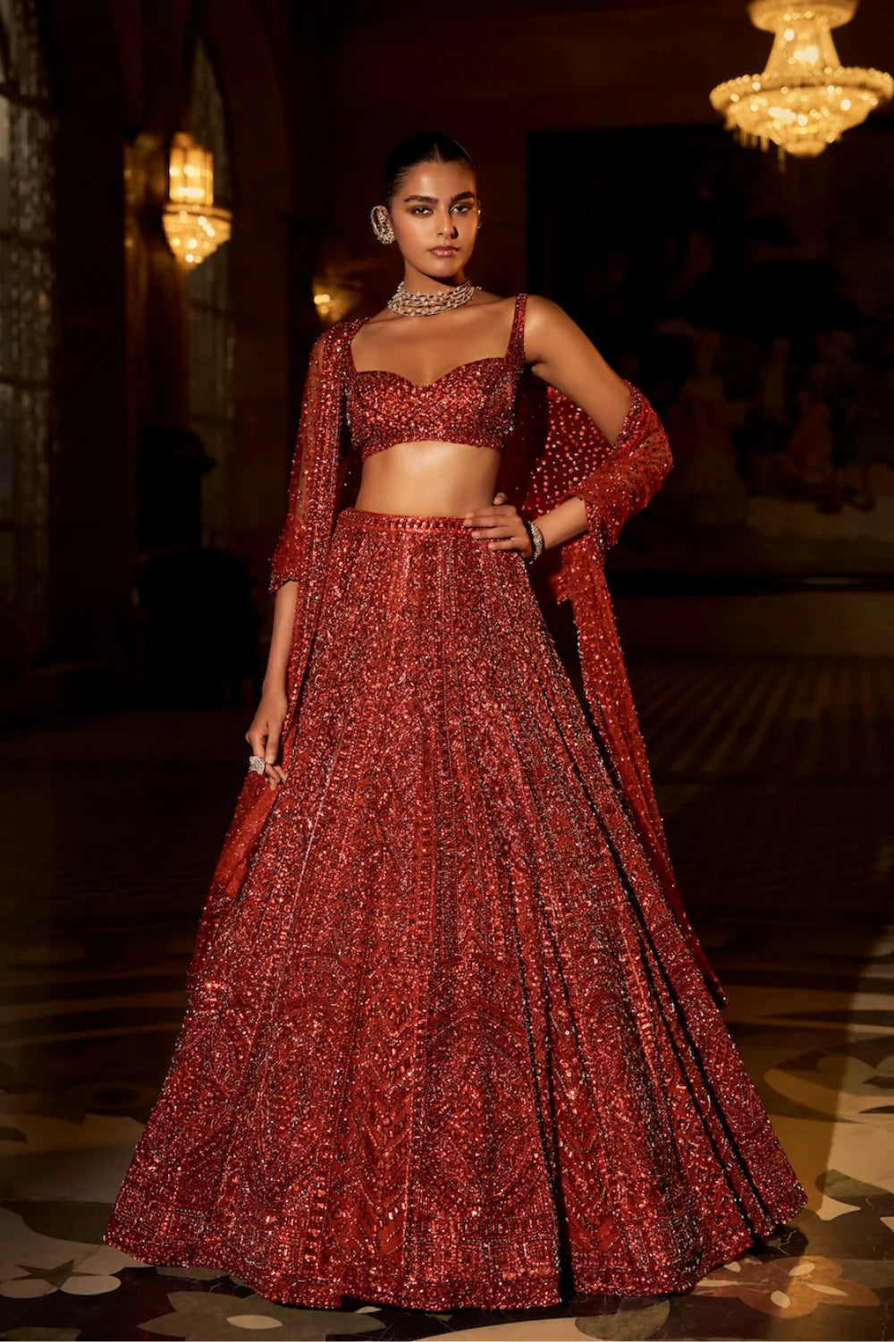 Brick Red Crystal Lehenga Set