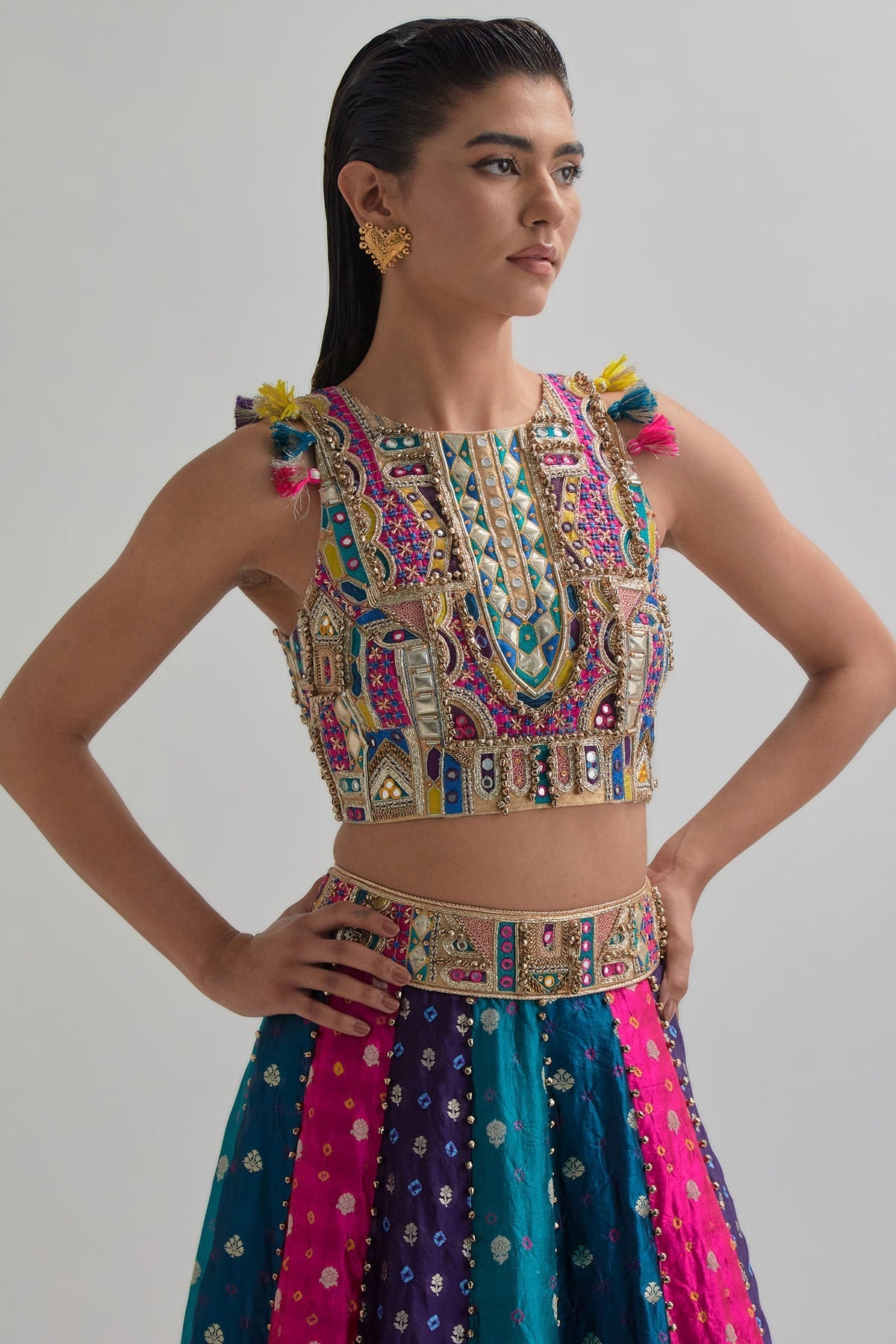 Resa Gold Tissue Embroidered Choli And Multi Colour Bandhani Lehengha
