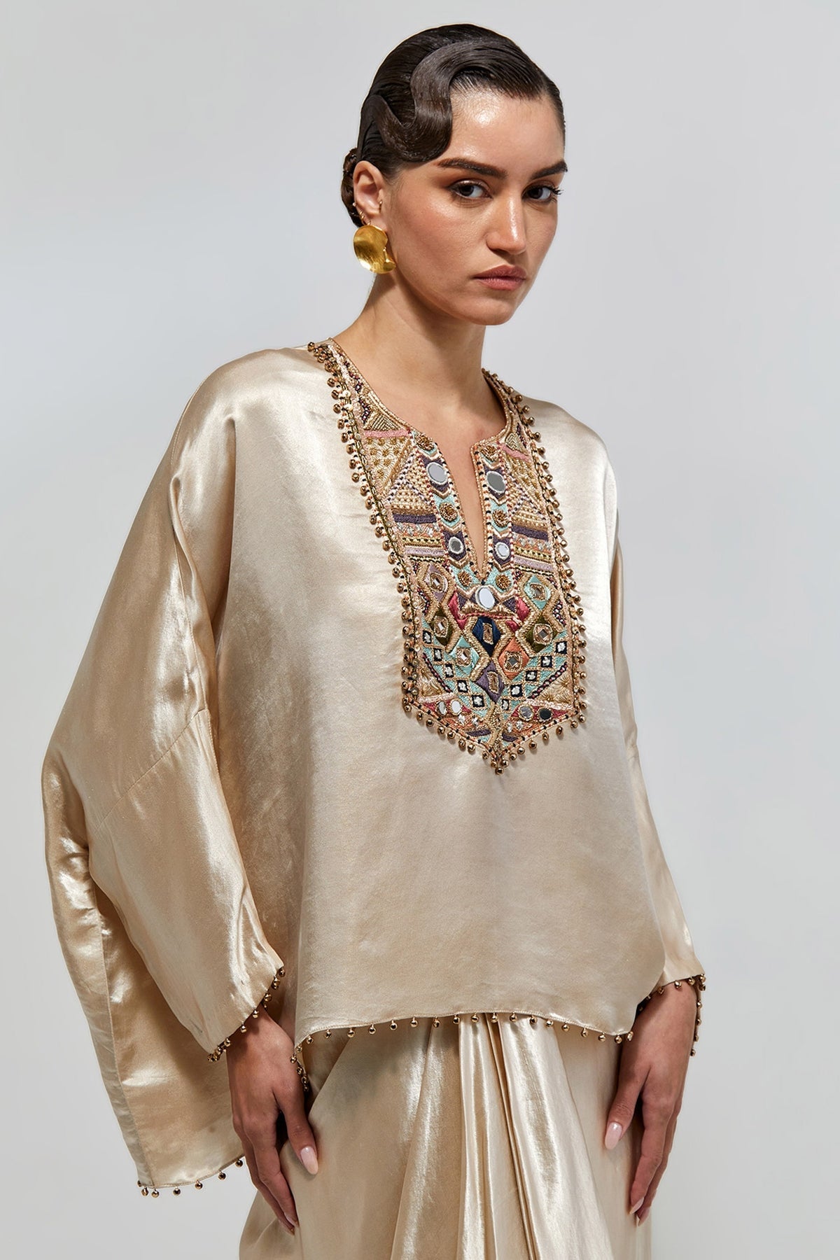 Risa Champagne Satin Embroidered Yoke Top And Lungi Skirt