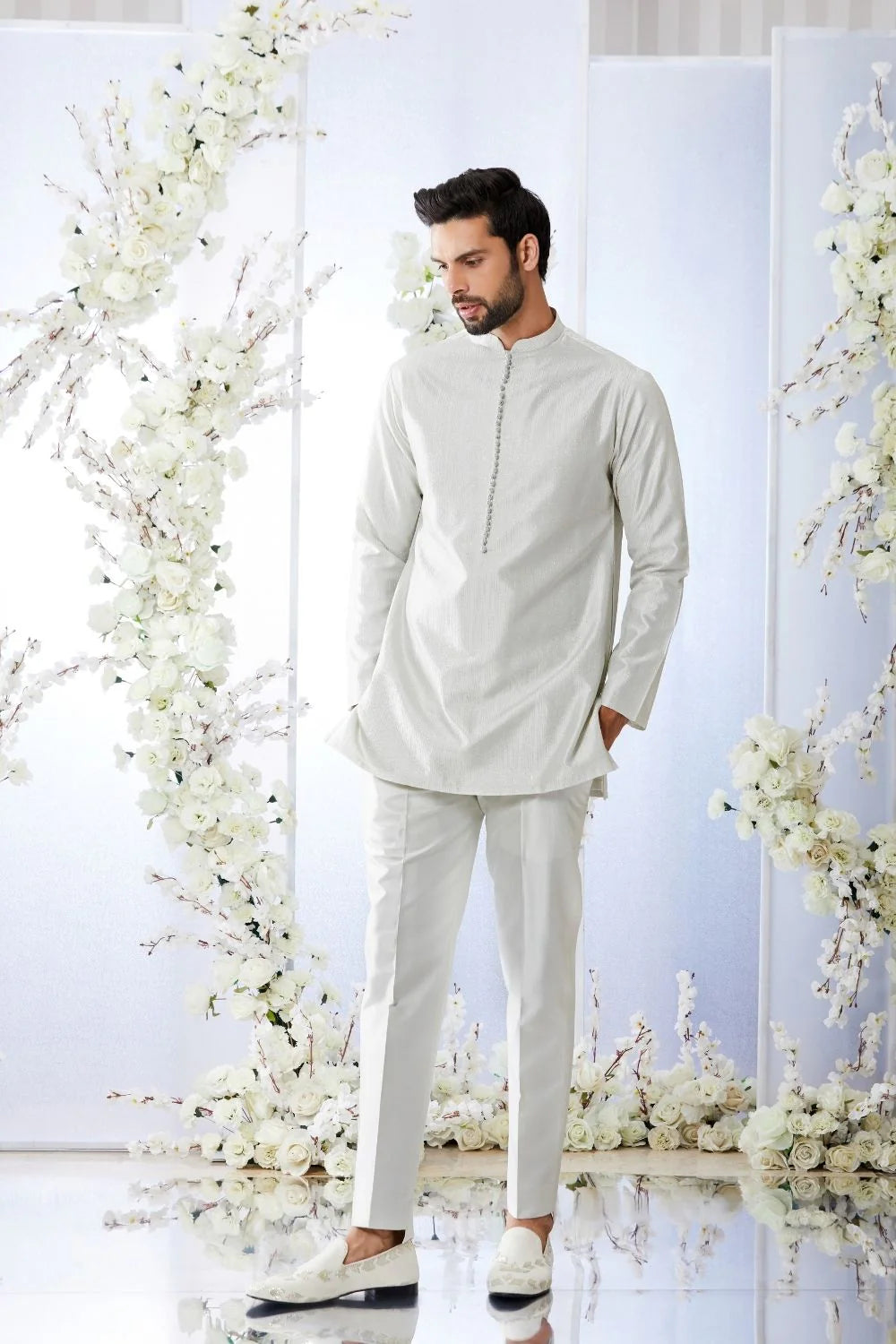 Antique Silver Open Short Sherwani Set