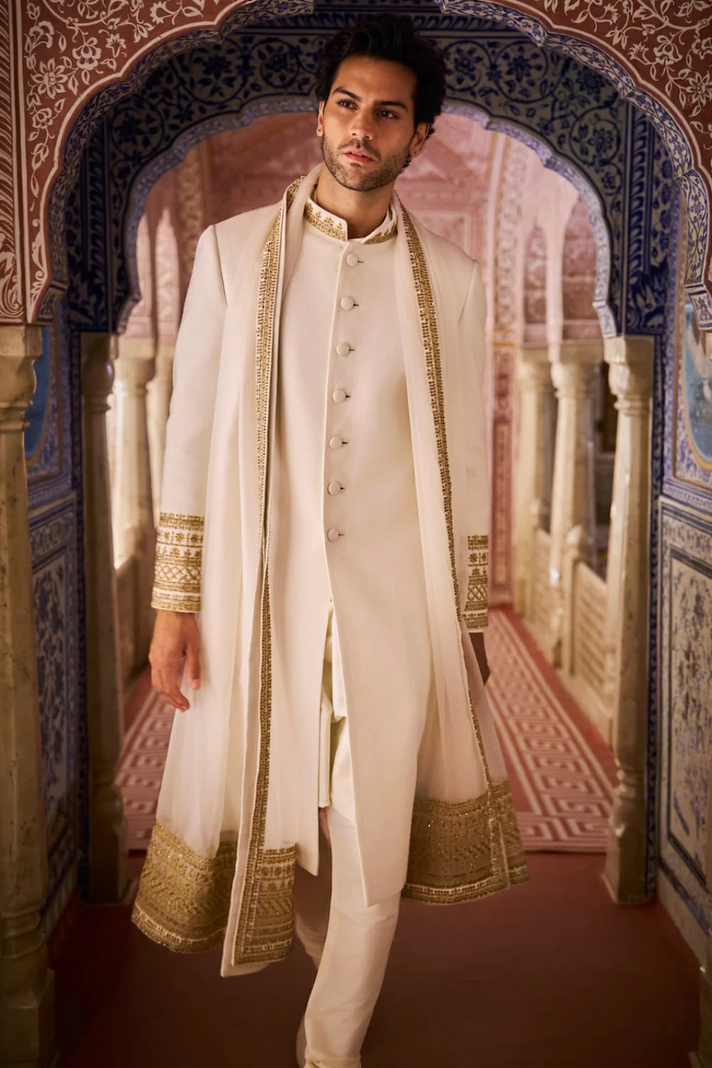 Ivory Gold Matka Silk Sherwani Set