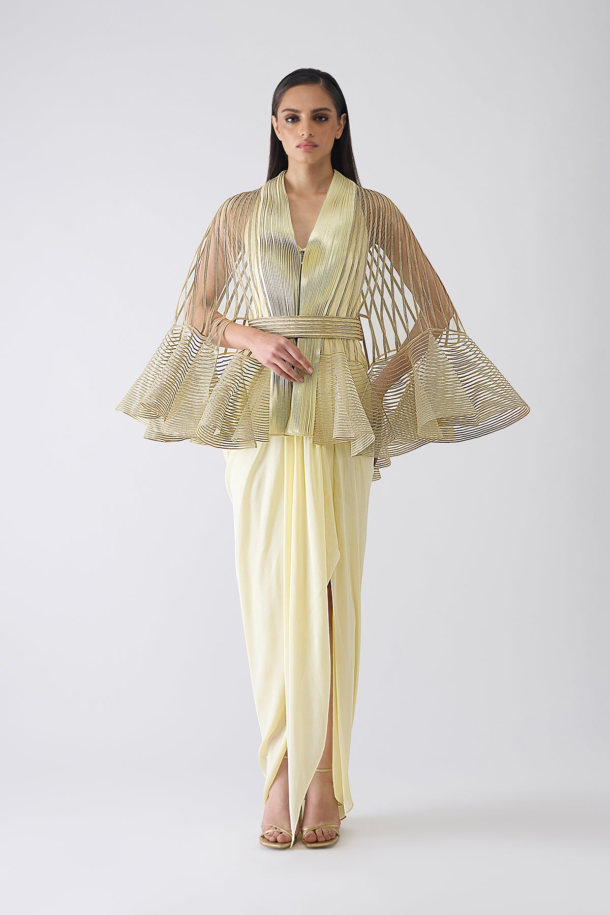 Metallic Corded Ruffle Cape And Dress With Belt