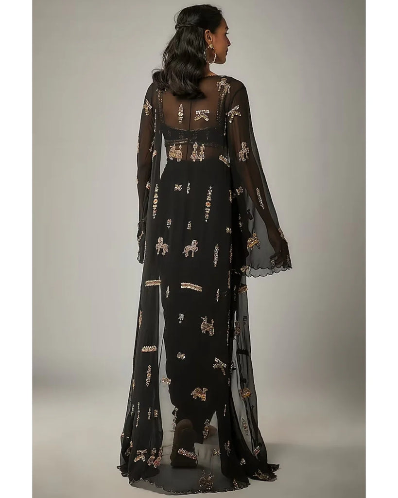 Black Drape Skirt And Embroidered Cape Set