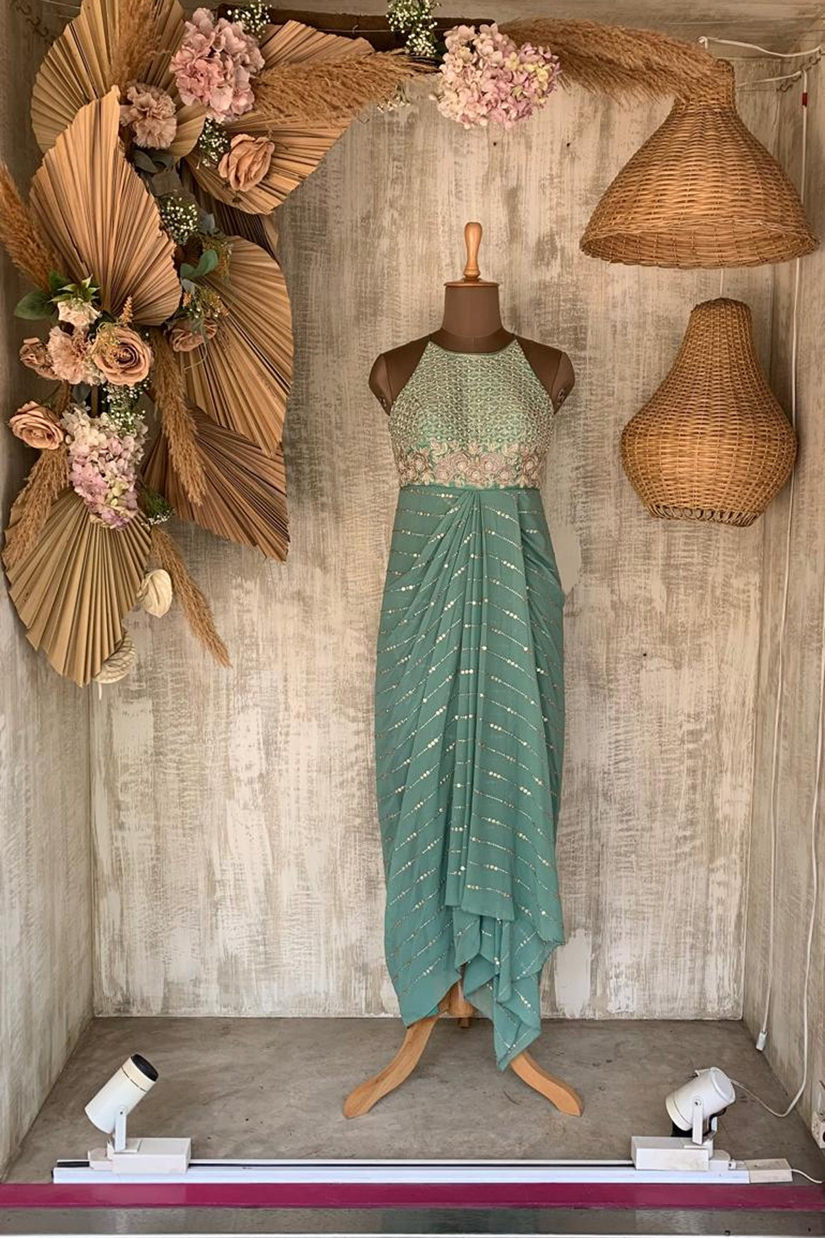 GREEN ROSE HALTER CASCADE DRESS - READY TO SHIP
