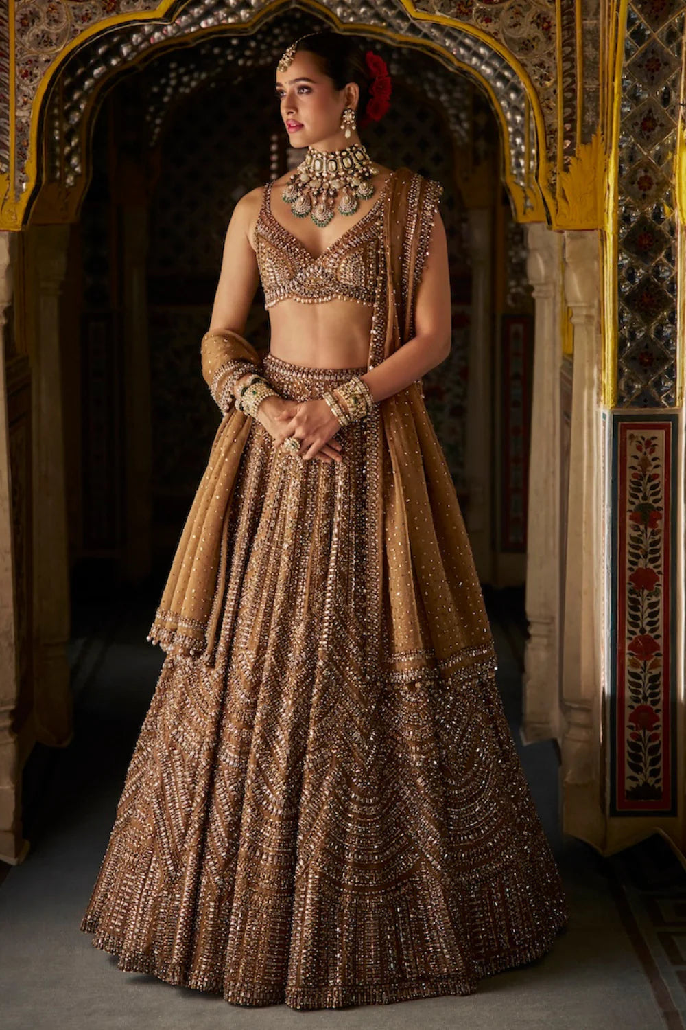 Copper Gold Crystal Lehenga Set