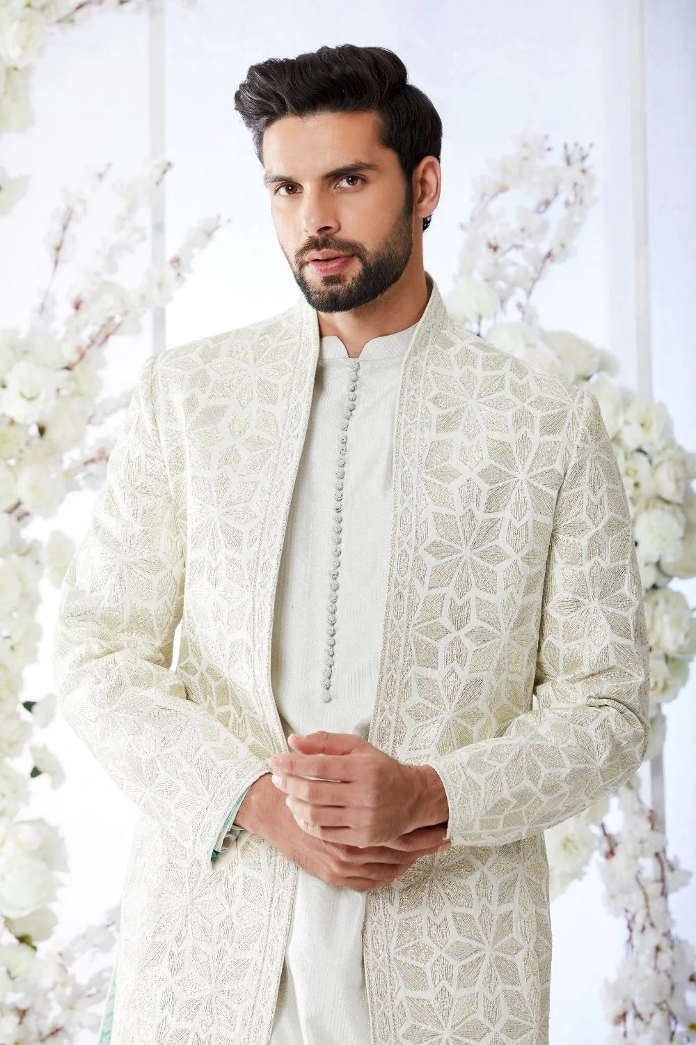Antique Silver Open Short Sherwani Set