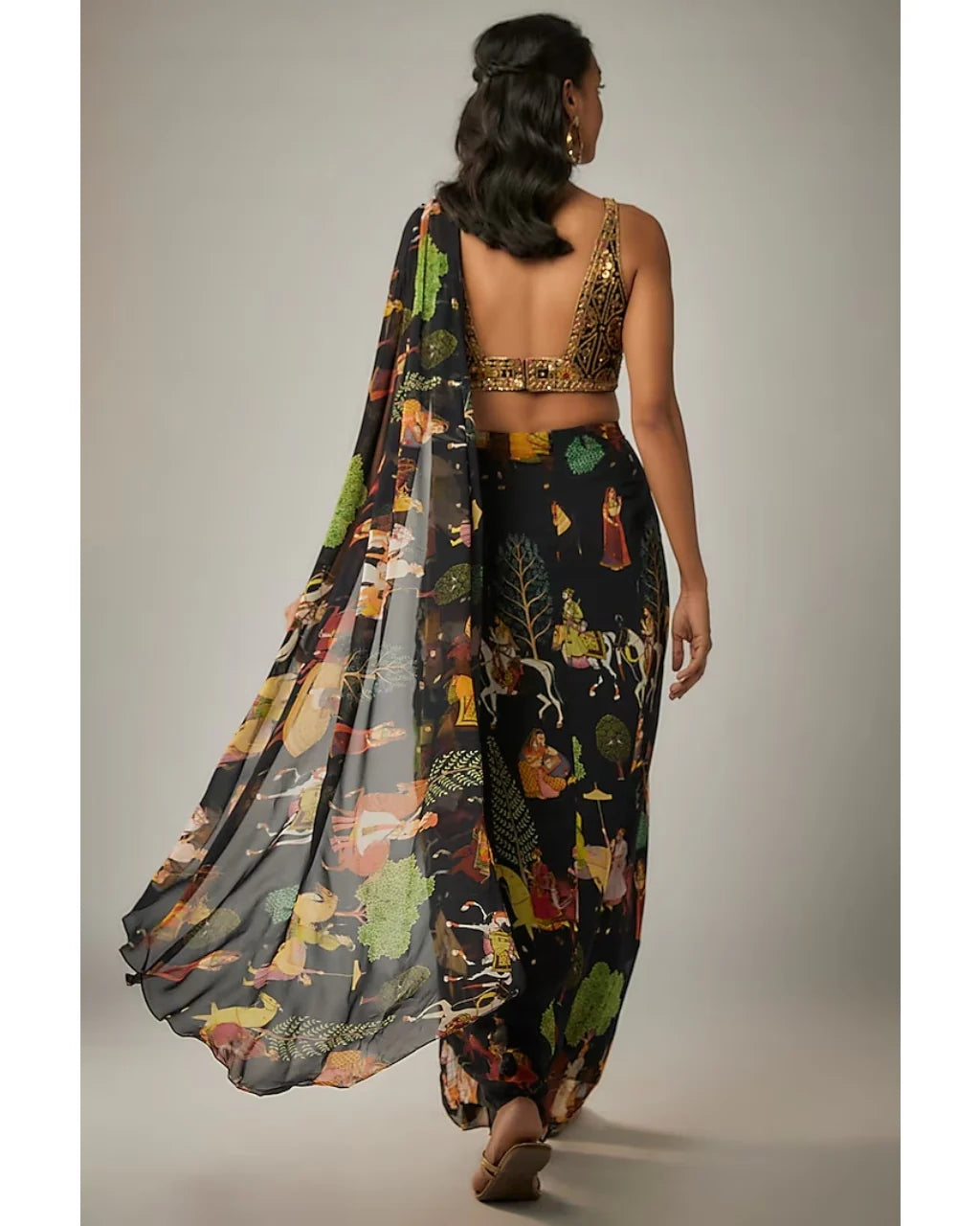 Black Printed Mughal Rhapsody Pre Draped Sari Set