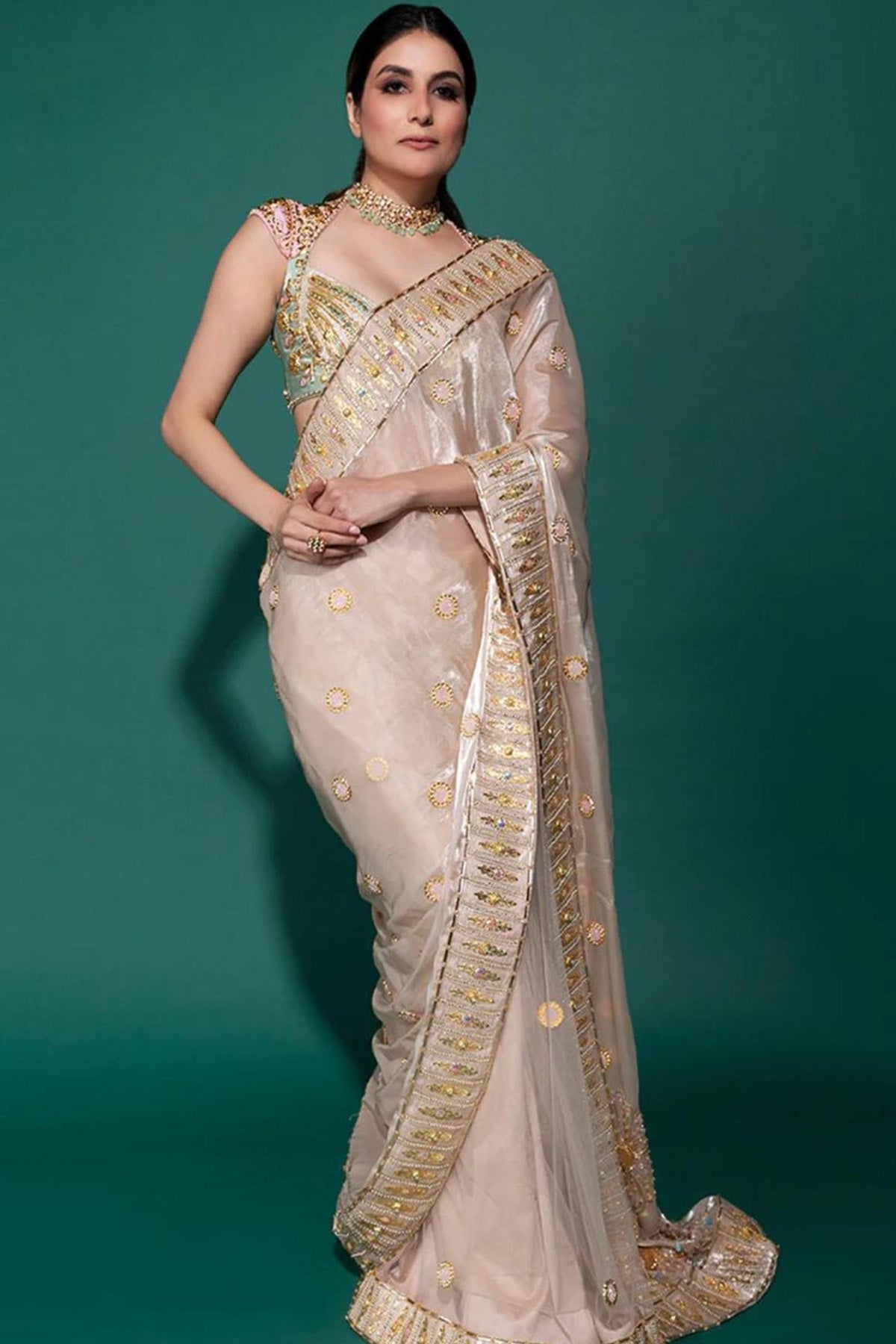 CRYSTAL CASCADE- IVORY ORGANZA SAREE
