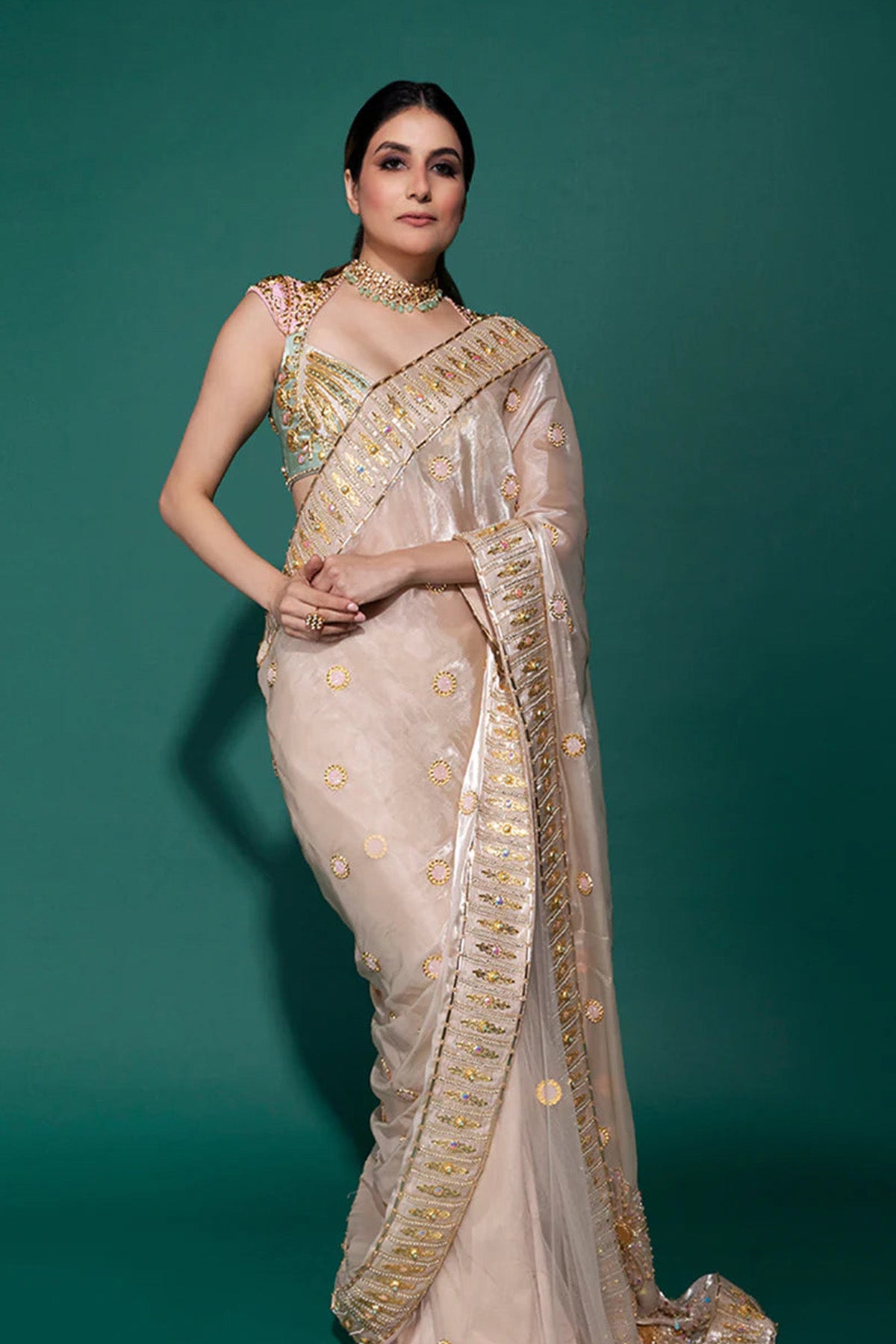 CRYSTAL CASCADE- IVORY ORGANZA SAREE