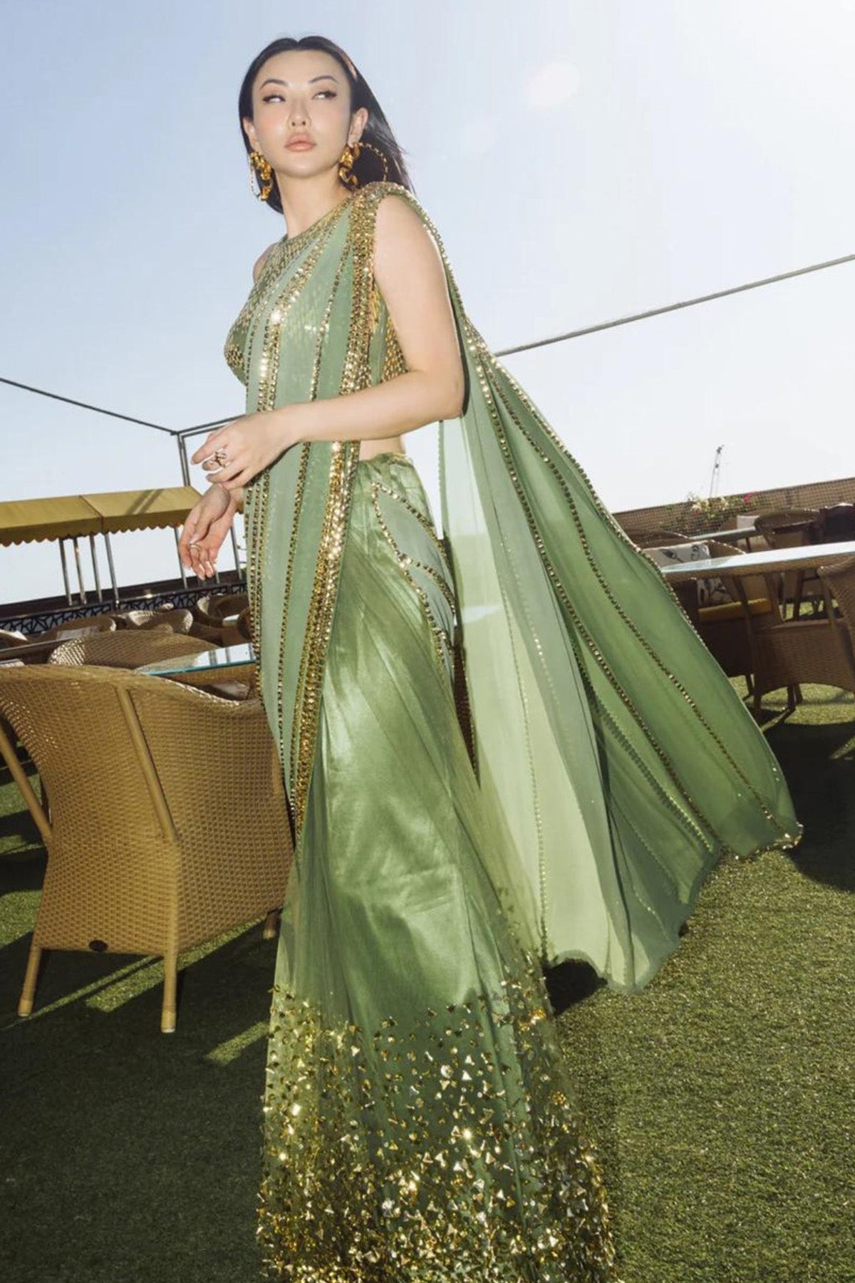 JESSICA WANG IN OLIVE SHADED EMBELLISHED SAREE SET