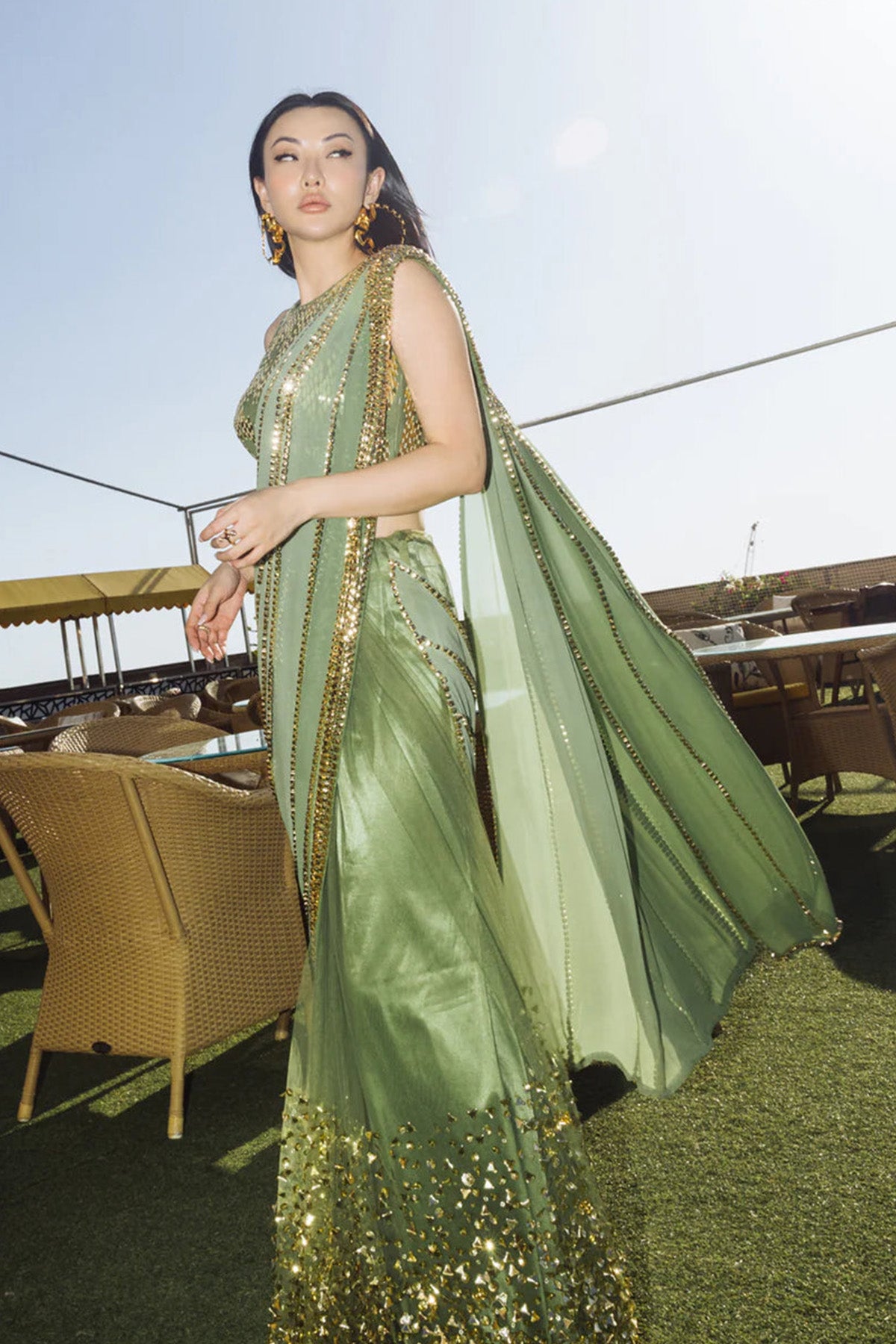 JESSICA WANG IN OLIVE SHADED EMBELLISHED SAREE SET