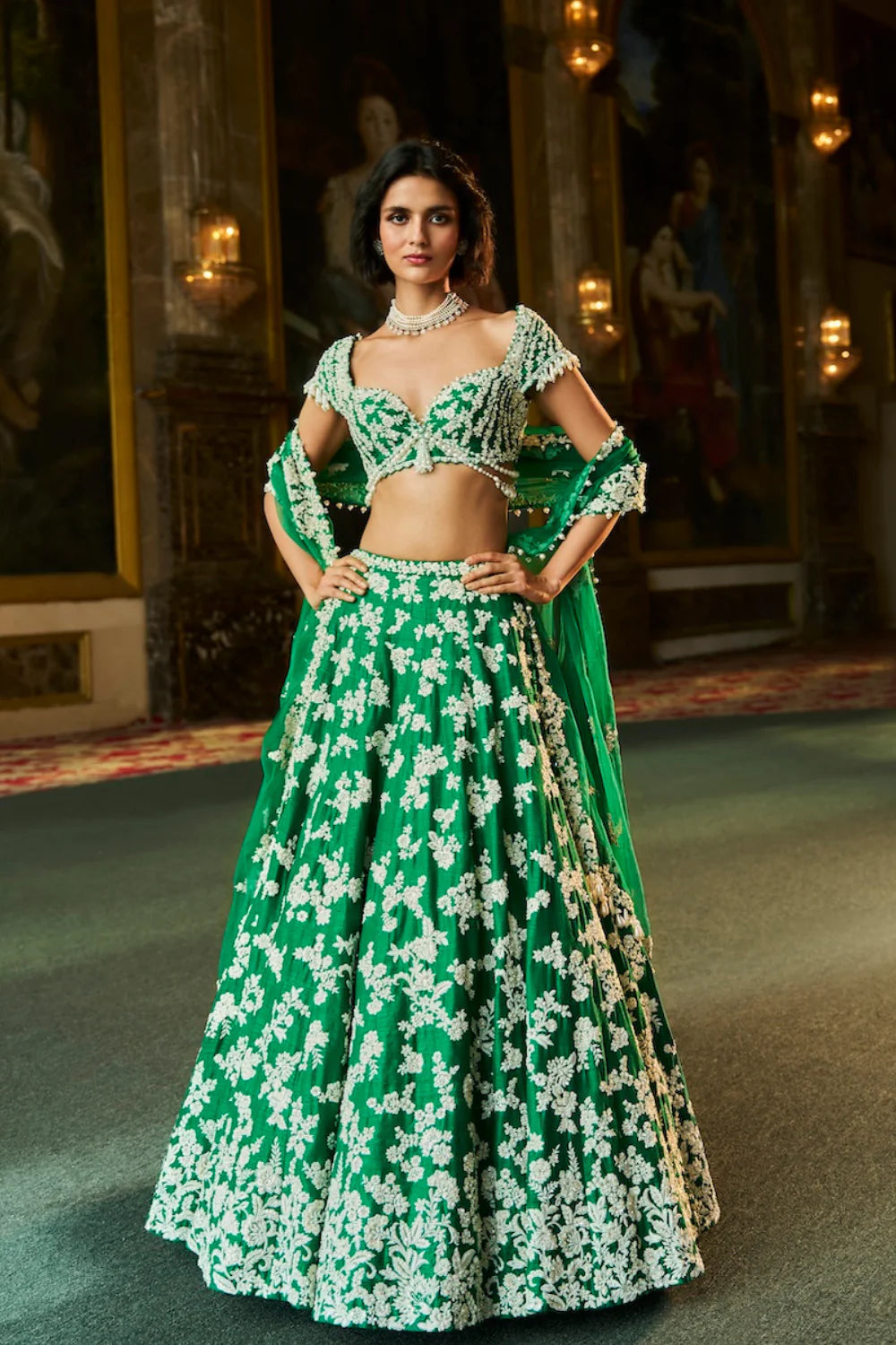 Green Thread Work Lehenga Set