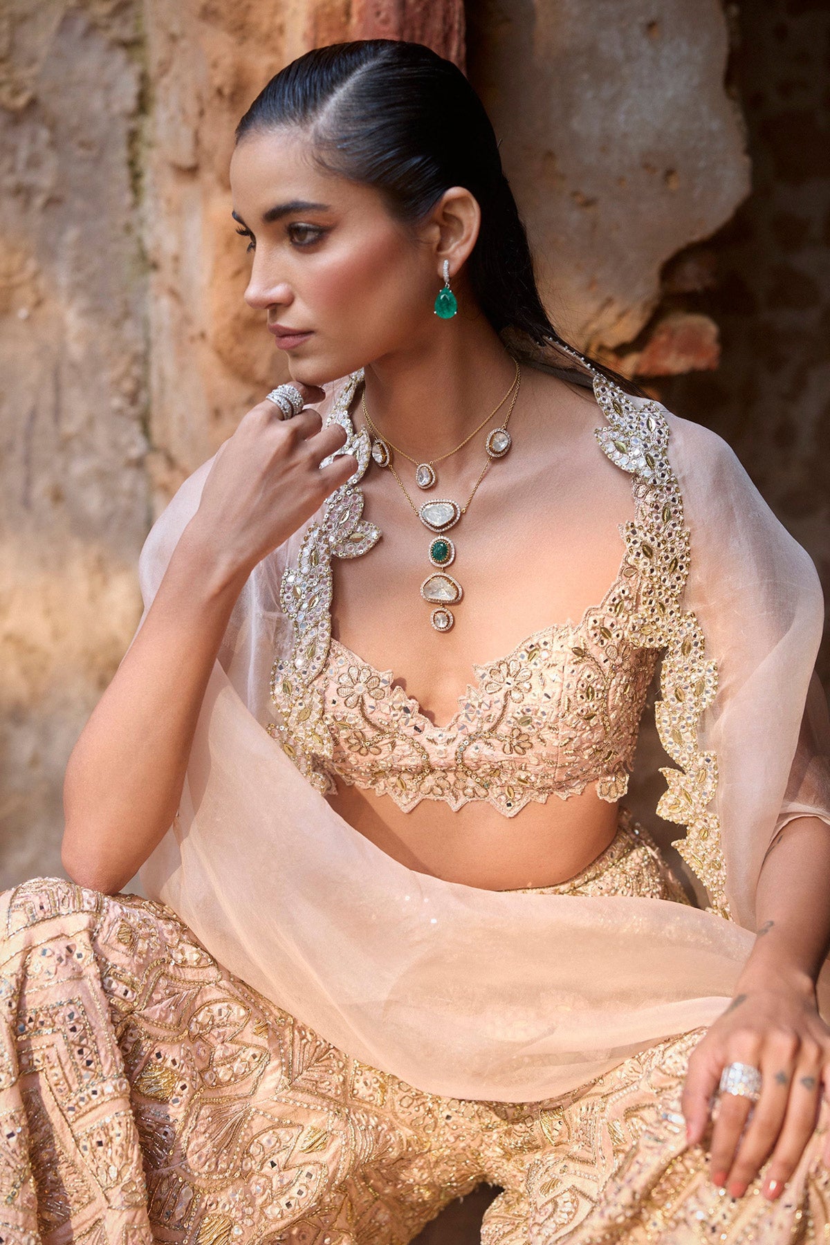 Nude Peach Rawsilk High Waist Sharara And Cape Set