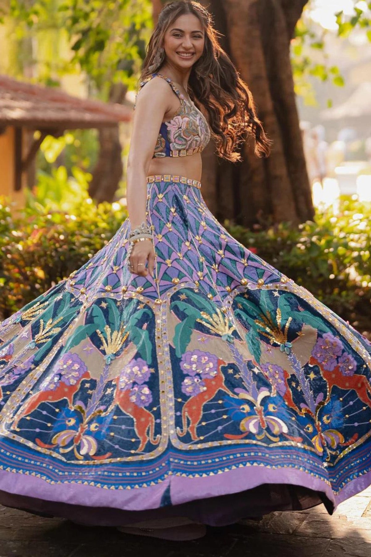 RAKUL PREET LEHENGA IN LYONS- TROPICAL BLUE PRINTED AND EMBELLISHED FULL LEHENGA
