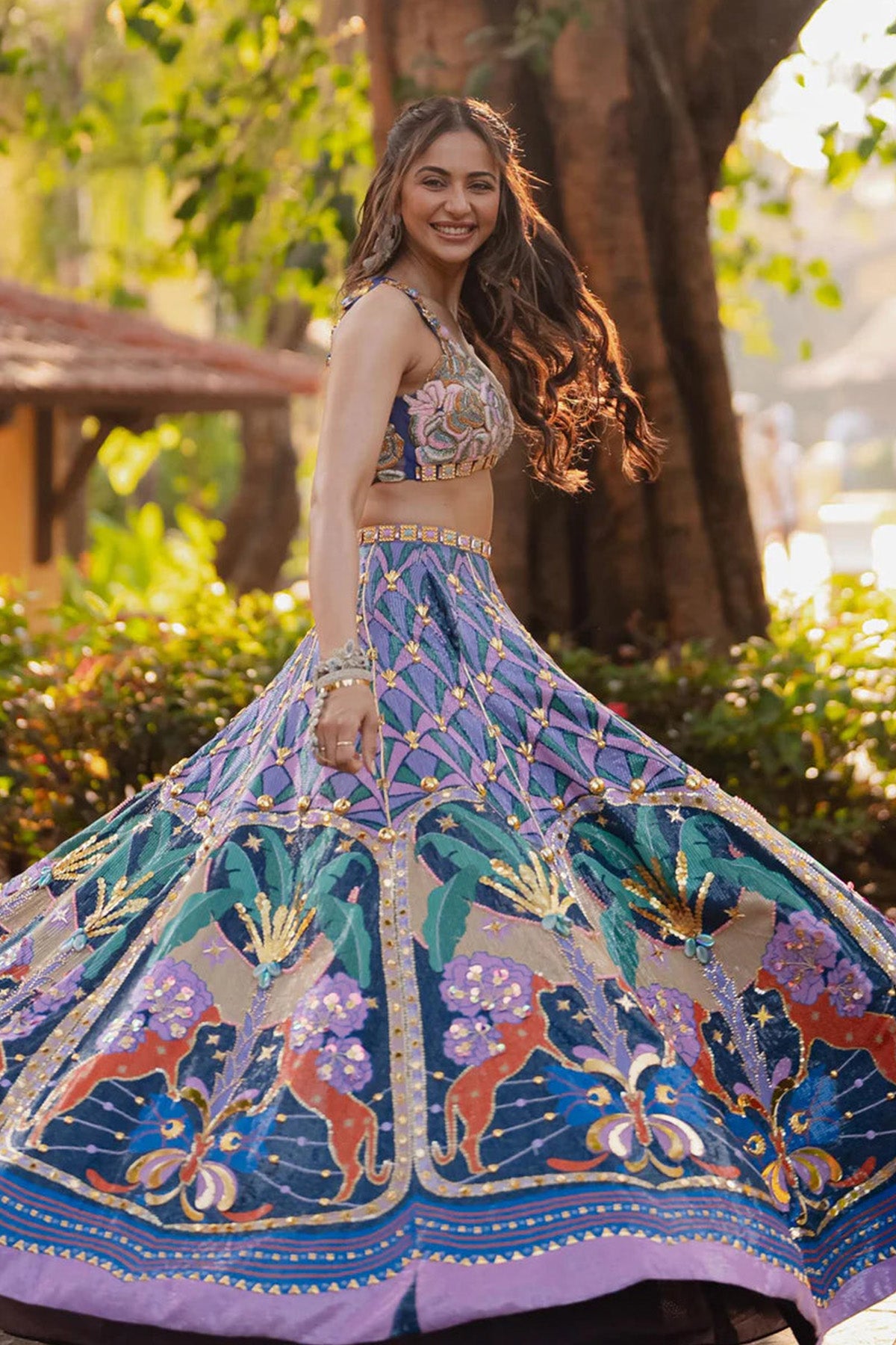 RAKUL PREET LEHENGA IN LYONS- TROPICAL BLUE PRINTED AND EMBELLISHED FULL LEHENGA