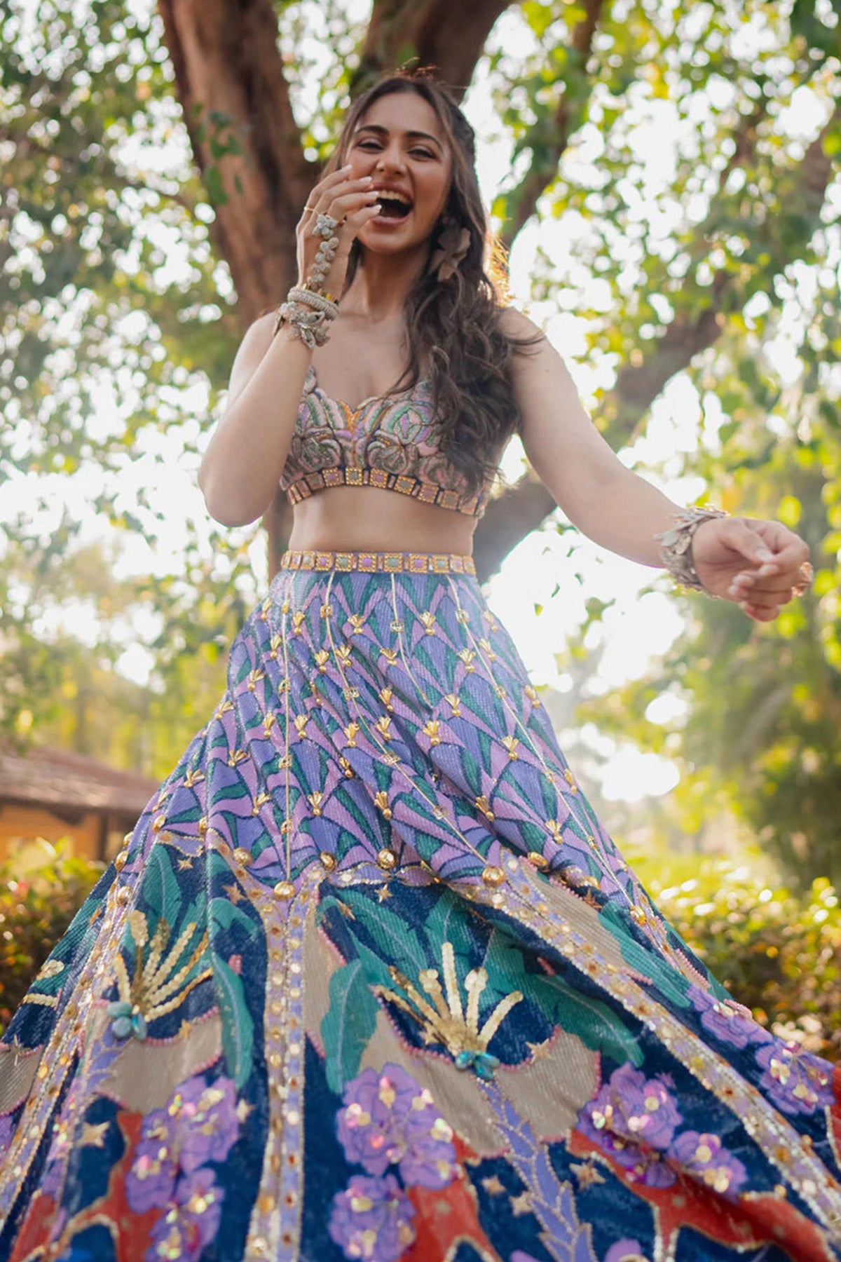 RAKUL PREET LEHENGA IN LYONS- TROPICAL BLUE PRINTED AND EMBELLISHED FULL LEHENGA