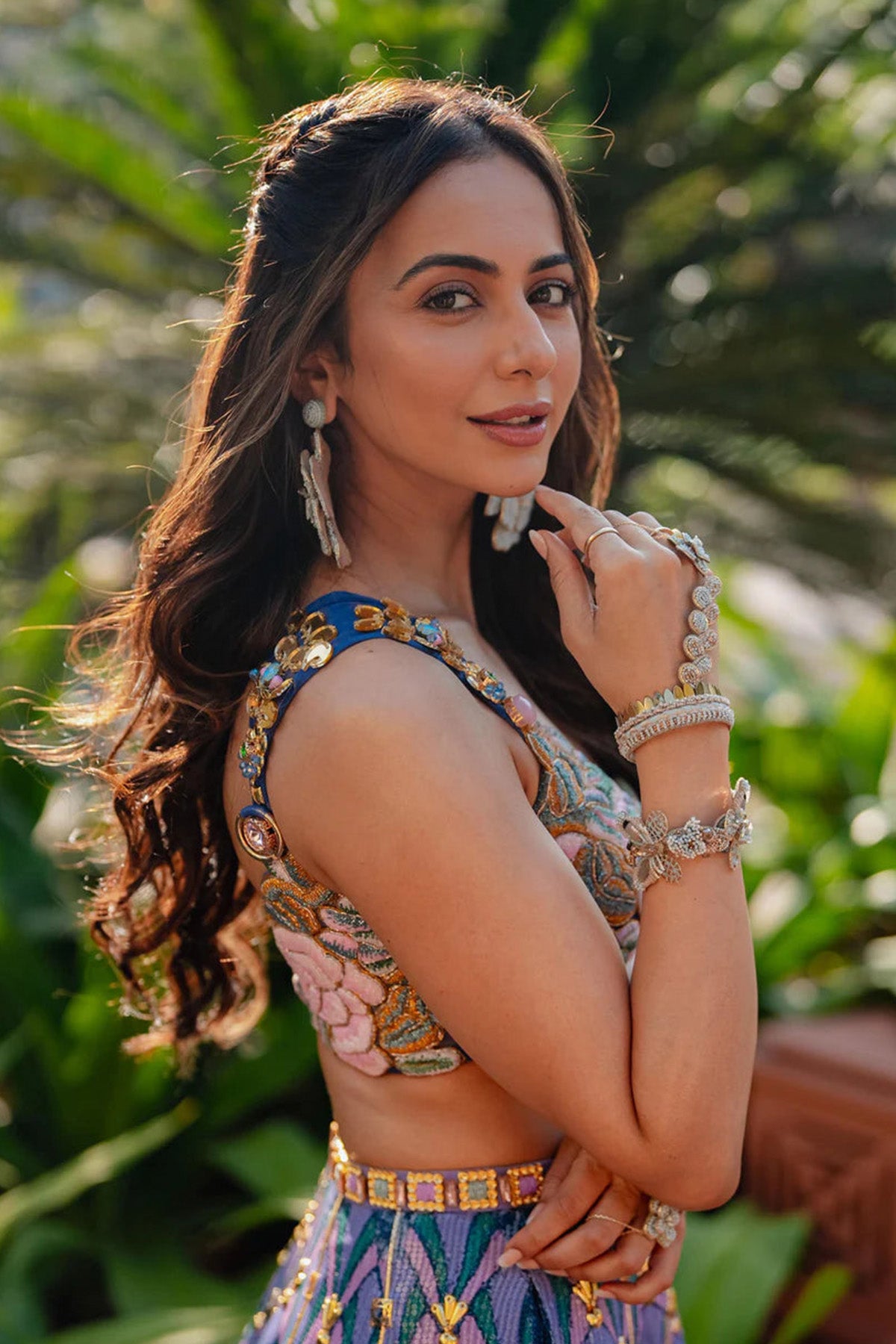 RAKUL PREET LEHENGA IN LYONS- TROPICAL BLUE PRINTED AND EMBELLISHED FULL LEHENGA