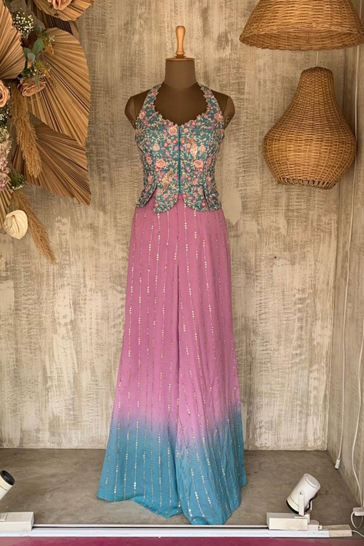 PINK TO BLUE OMBRE FLORAL HALTER PANT SET - Ready To Ship