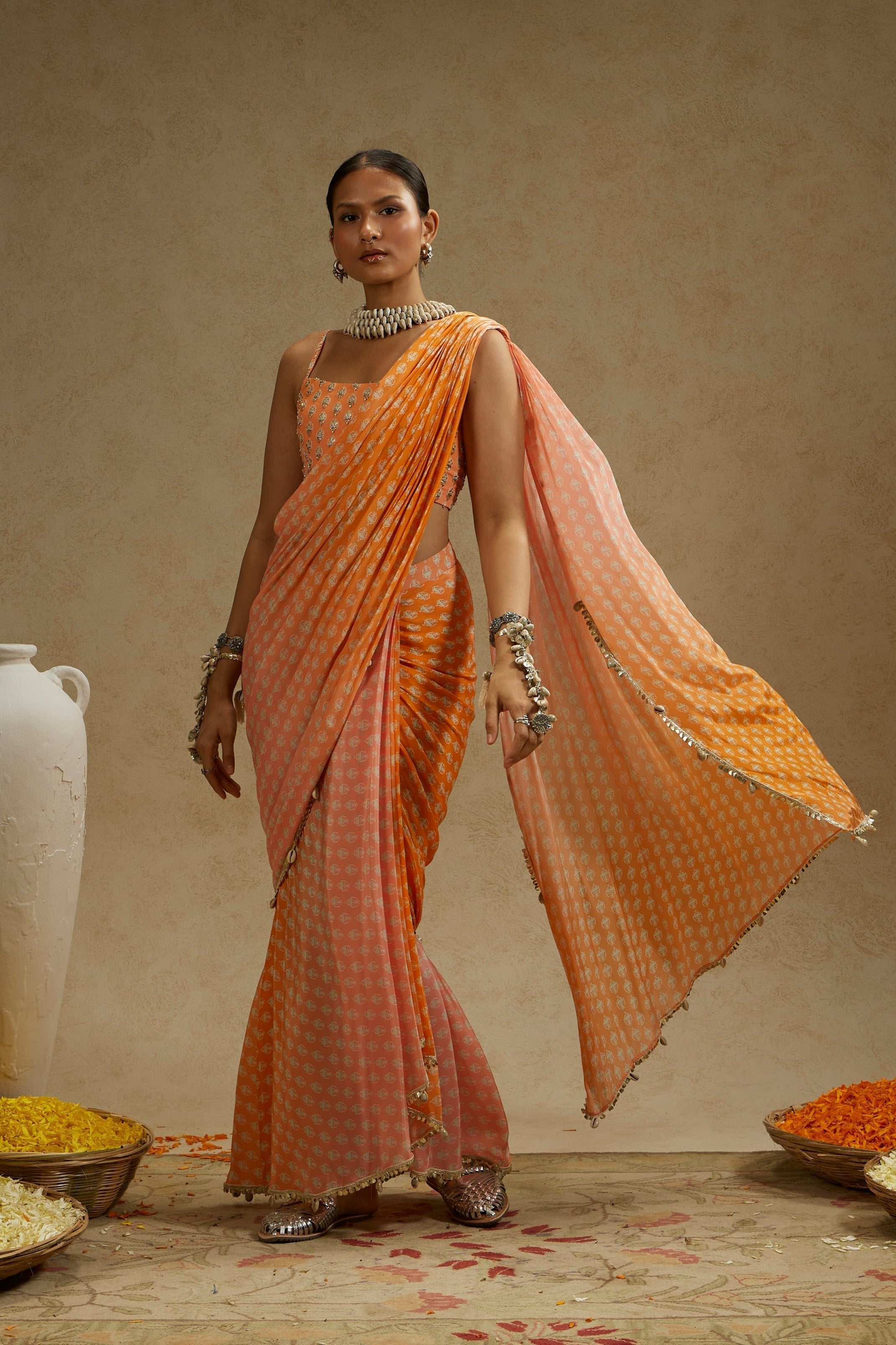 ORANGE PINK OMBRE PRINT CASCADE SAREE WITH BUSTIER