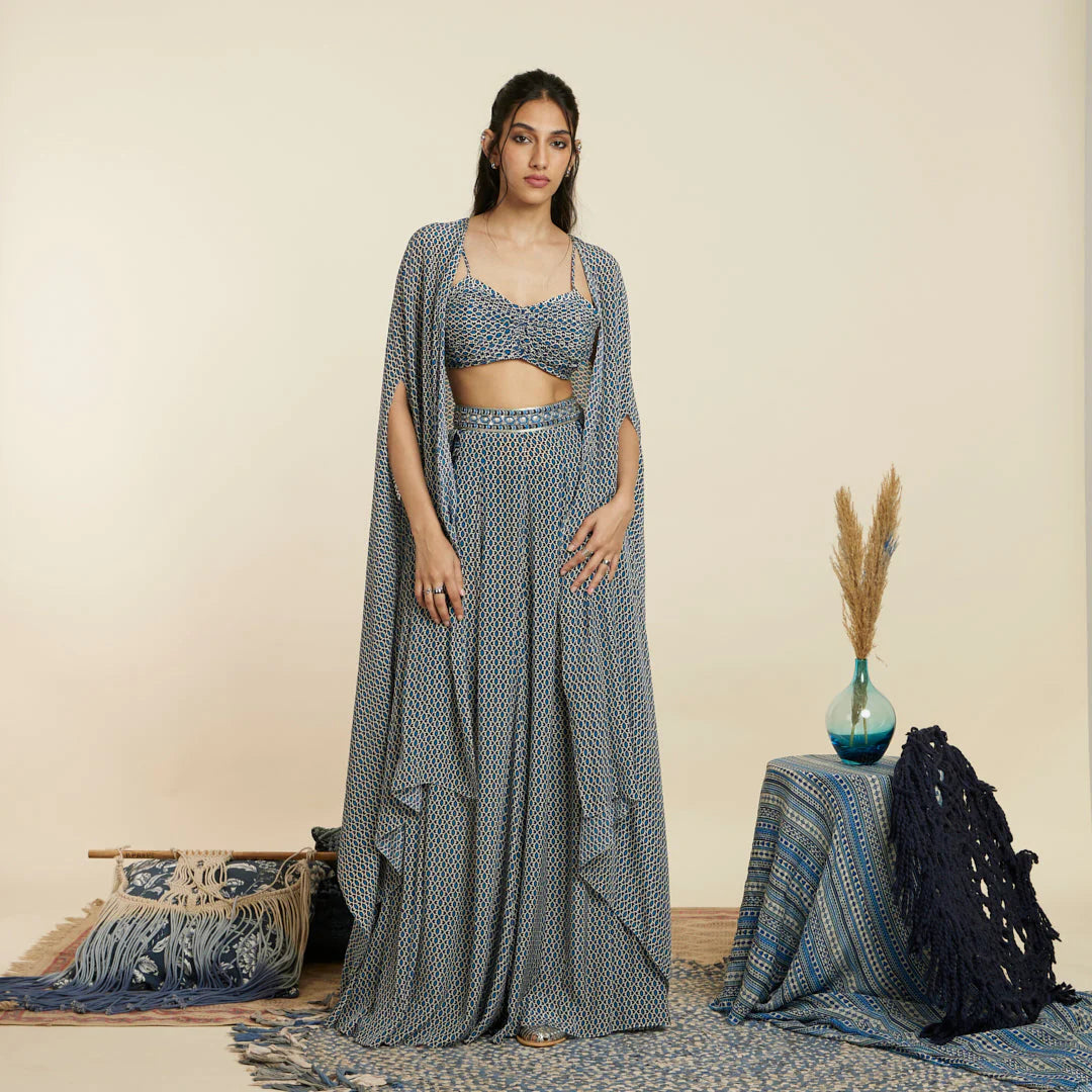 BLUE GEOMTRIC PRINT BIKINI BUSTIER SET